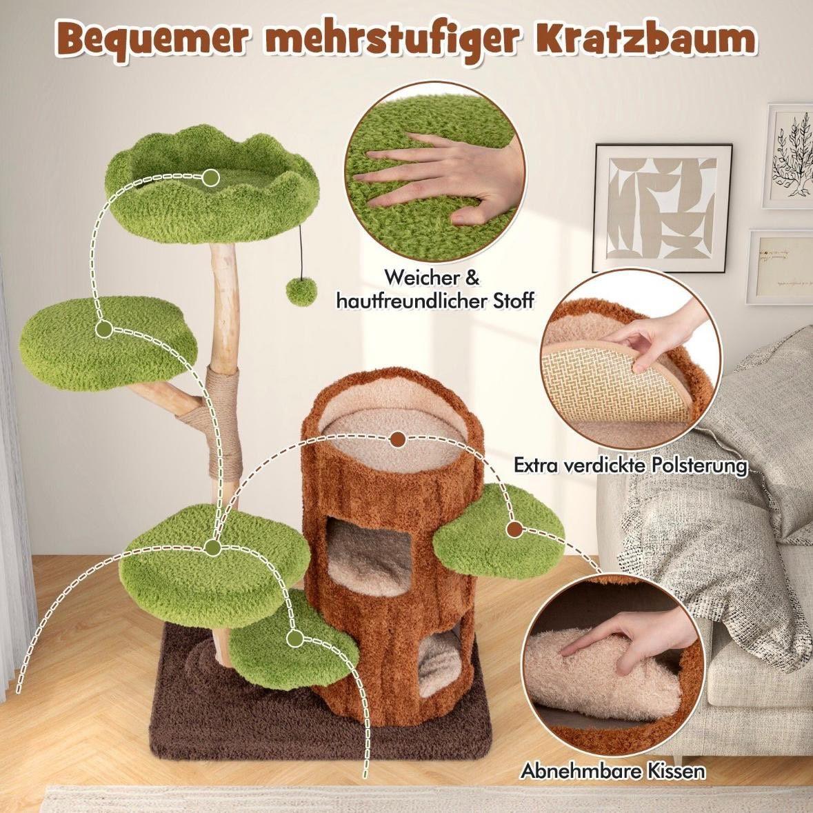 Kratzbaum aus Holz mit Katzenhöhle & Liegefläche stabil & mehrstöckig