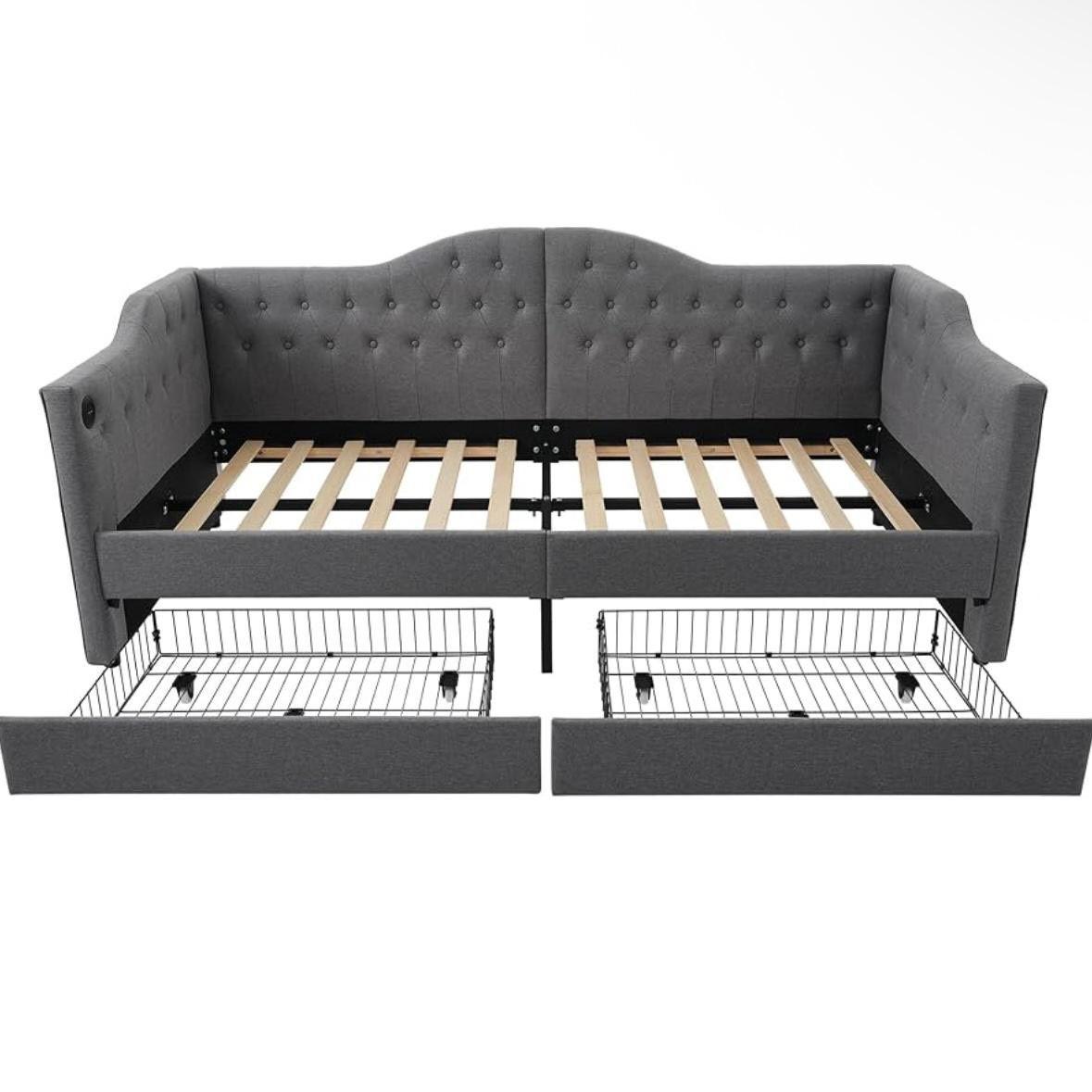 Kinder-Polsterbett 90x200cm mit Stauraum & USB Tagesbett Grau