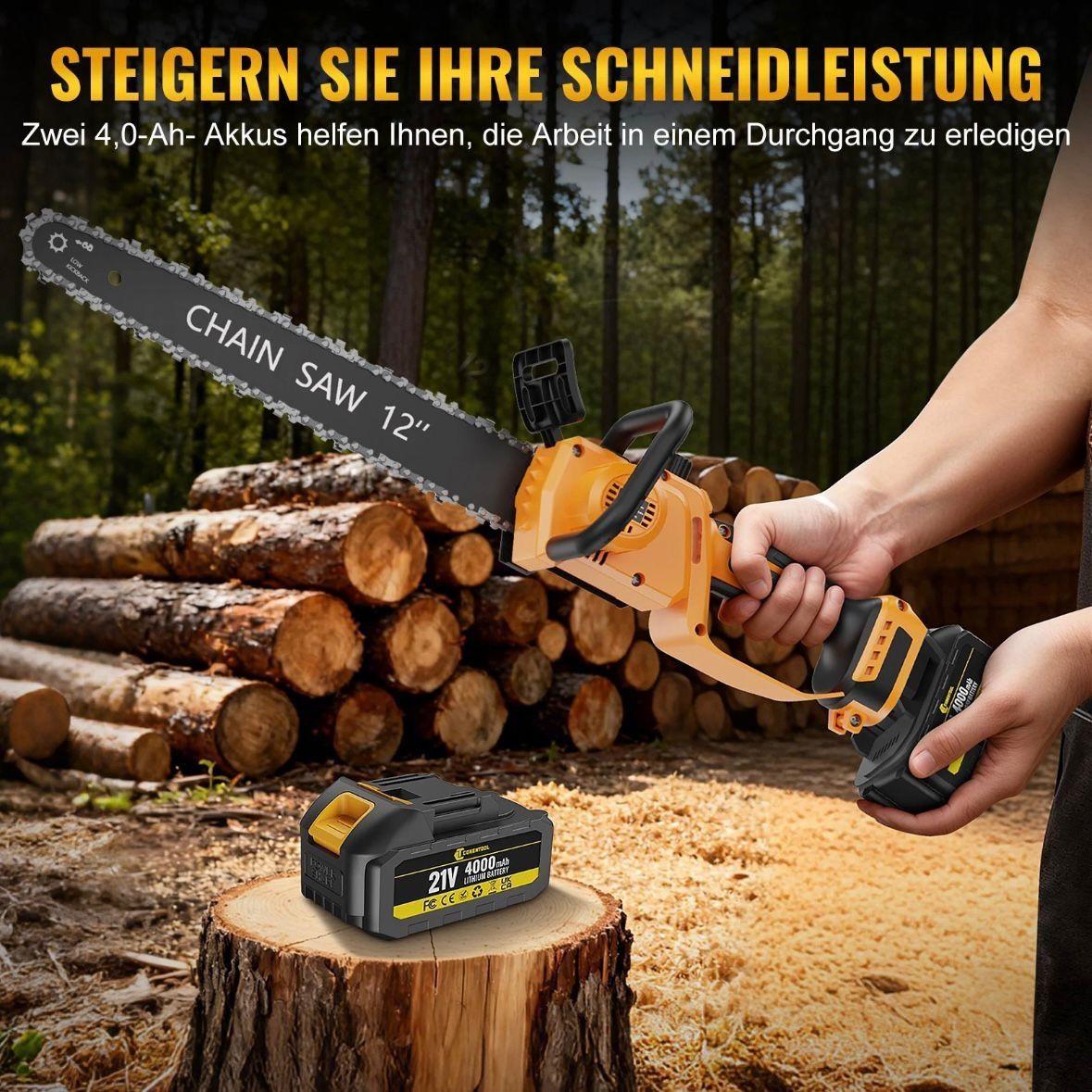 Akku-Kettensäge 12 Zoll 1000W Brushless mit 2 Akkus