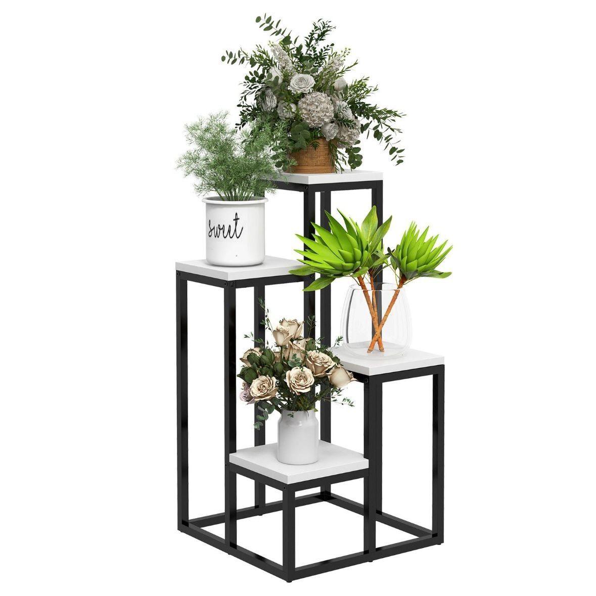 4-stufiger Pflanzenständer aus Stahl & Tannenholz – platzsparendes Blumenregal