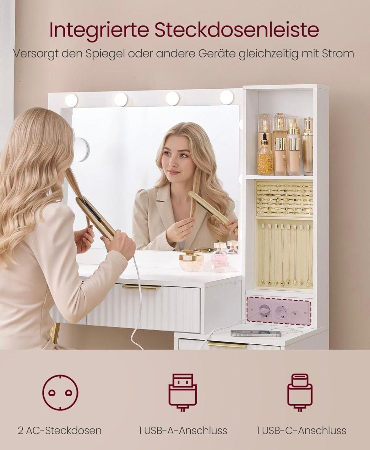 Schminktisch KAILYN mit LED-Spiegel weiß & gold, 9 Schubladen