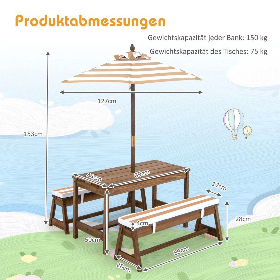 Kinder Picknicktisch Set aus Holz mit Sonnenschirm & Sitzkissen