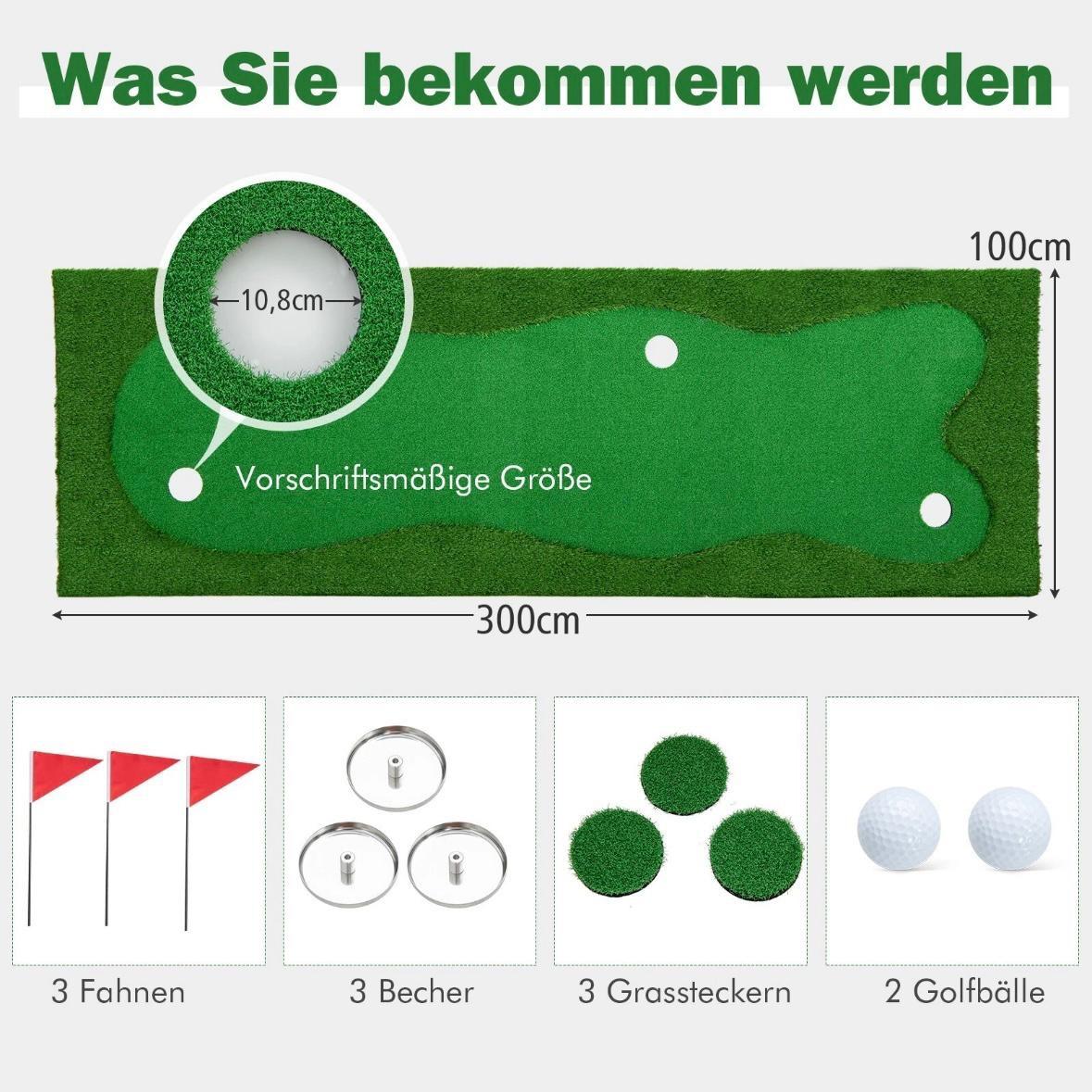 Golf Puttingmatte 300×100cm Trainingsmatte mit 3 Löchern