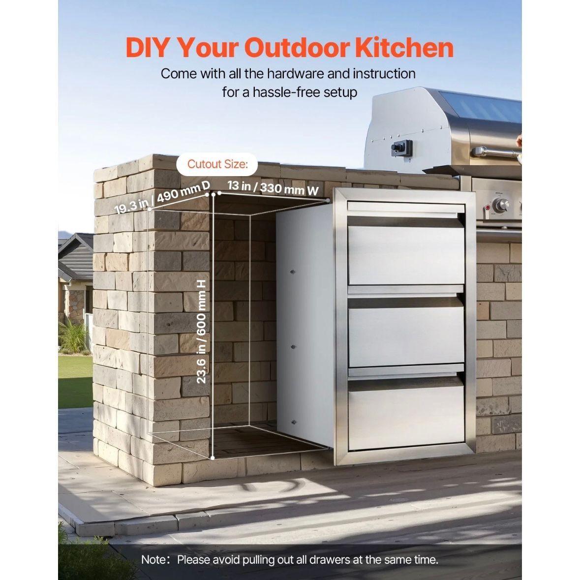 Edelstahl Küchenschublade 3-fach für Outdoor- & Innenküchen