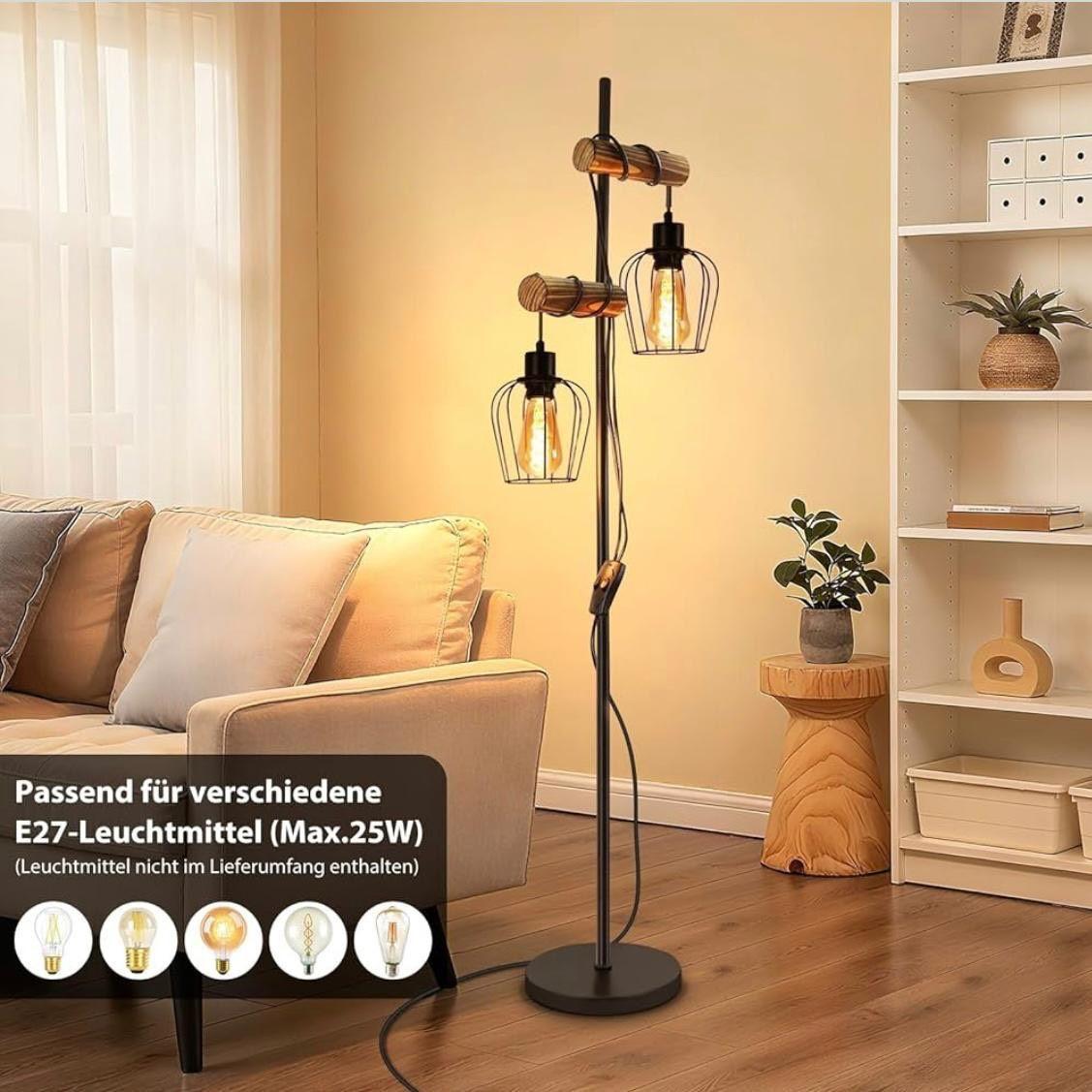Stehlampe im Industrial- & Vintage-Stil mit Holz & Metallkäfig