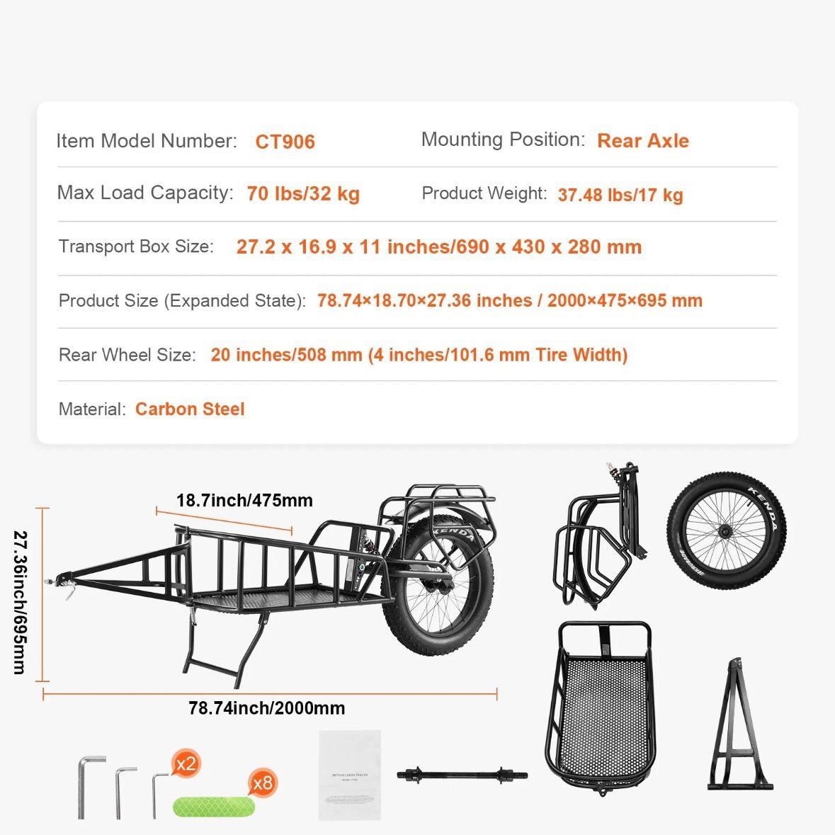 Fahrradanhänger 32kg Einrad Transportanhänger mit 20” Reifen & Stahlrahmen
