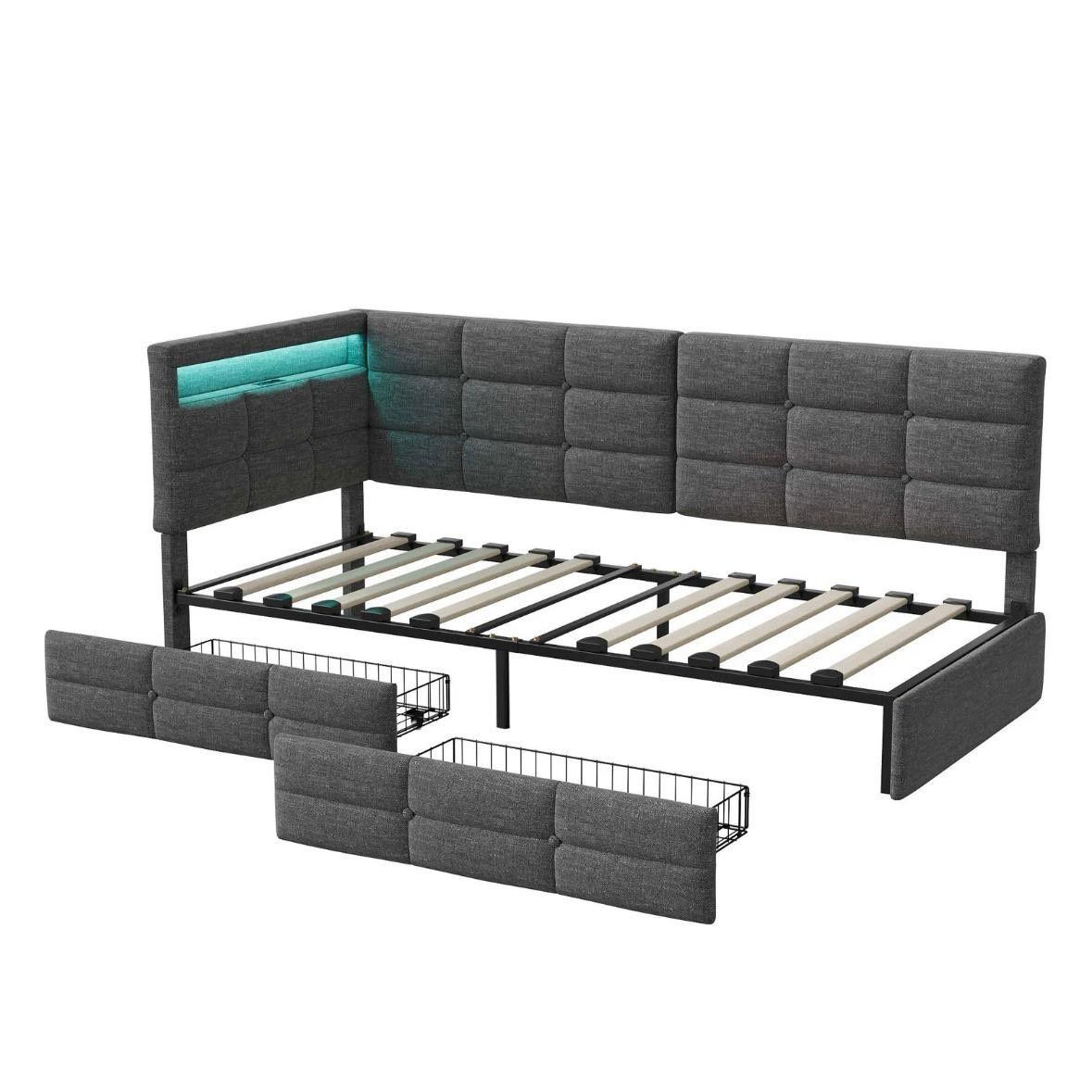 Polsterbett Grau mit LED USB & Schubladen 90x200cm