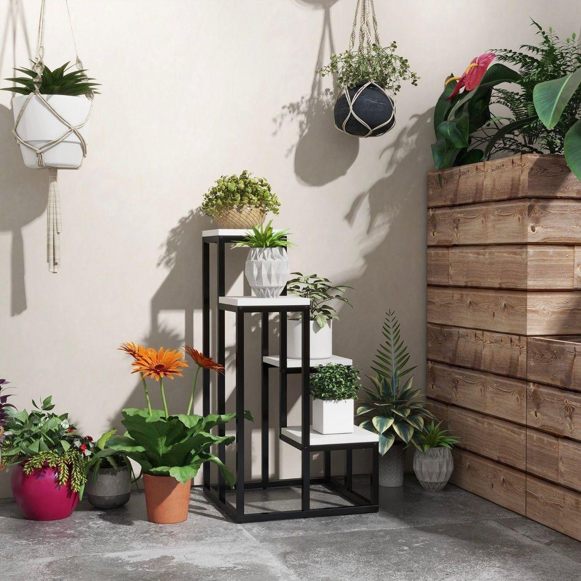 4-stufiger Pflanzenständer aus Stahl & Tannenholz – platzsparendes Blumenregal