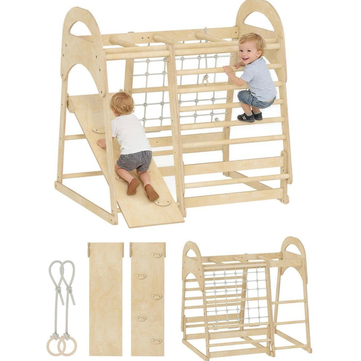 6in1 Montessori Klettergerüst Kinder Indoor mit Rutsche & Kletternetz Holz Spielgerät