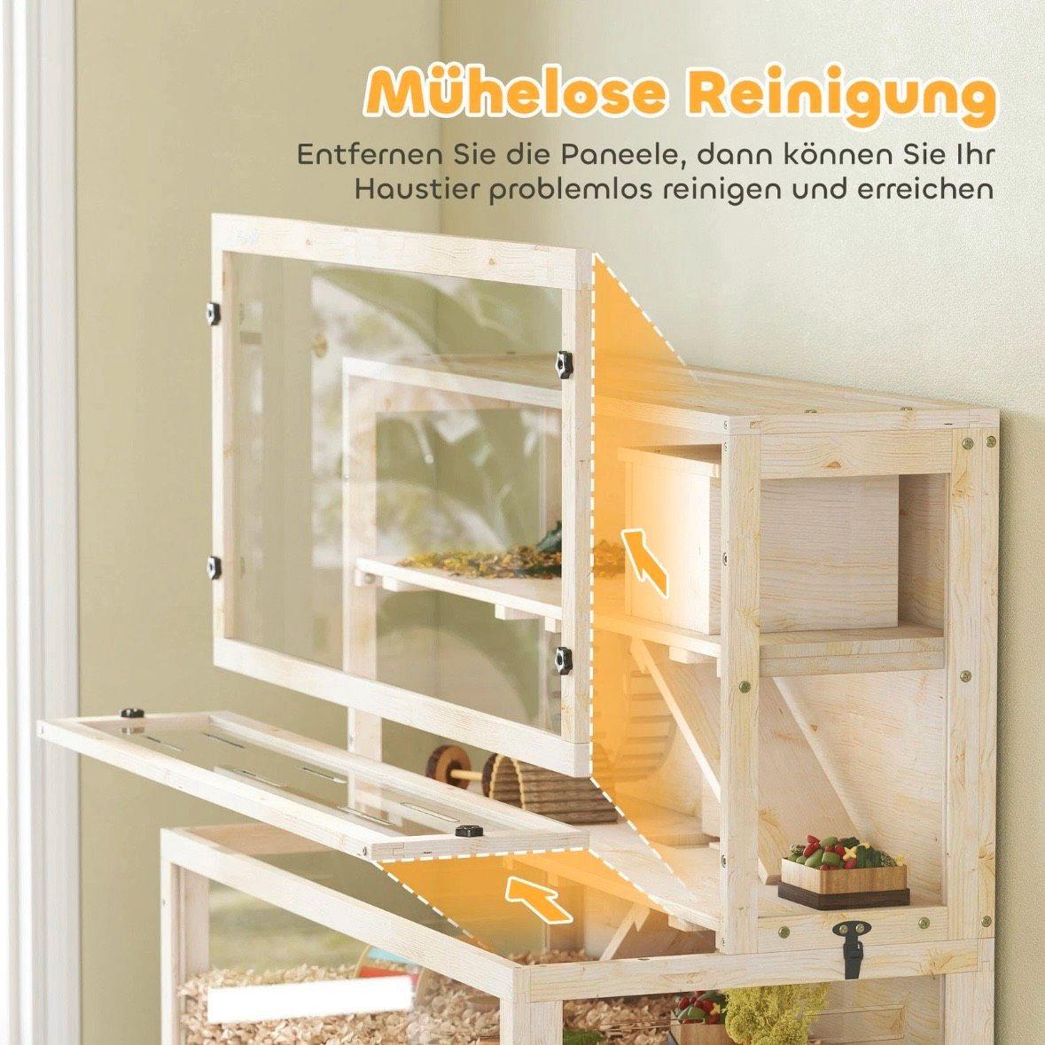 Hamsterkäfig Holz 3 Ebenen Kleintierkäfig mit Laufrad
