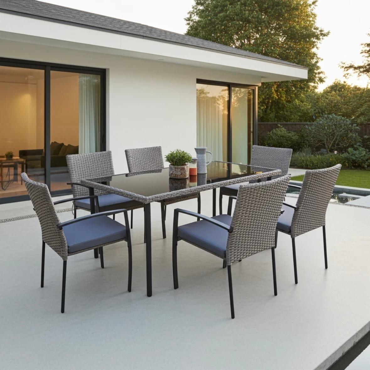 Gartenmöbel Essgruppe 6 Personen Polyrattan inkl. Tisch & Kissen