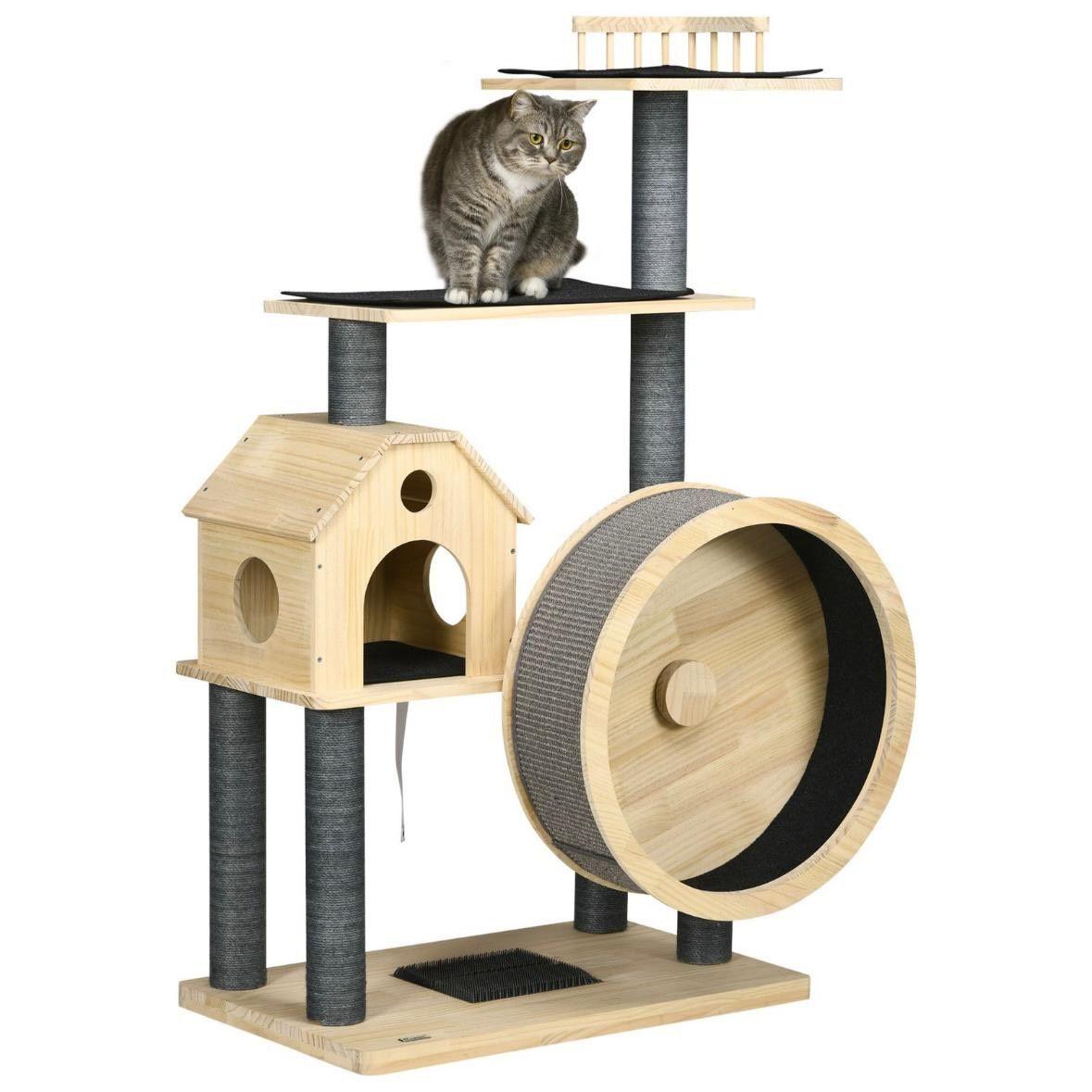 Kratzbaum mit Laufrad Katzenbaum aus Holz mit Katzenhöhle & Plattformen