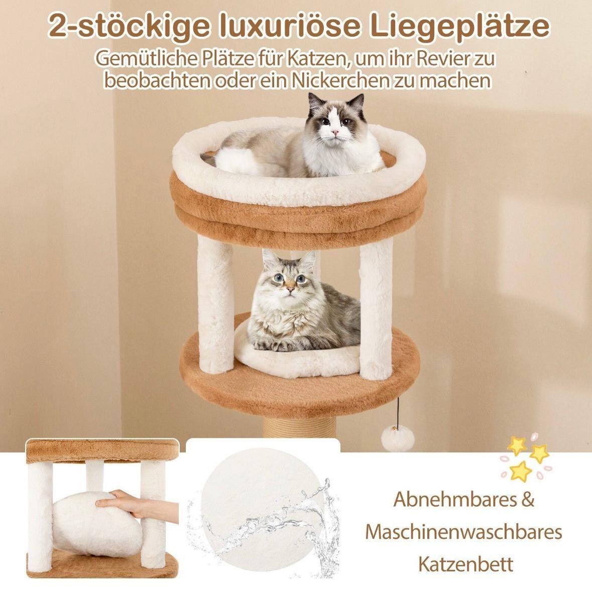 Kratzbaum aus Holz mit gepolsterten Liegeflächen & Katzenbett 164 cm