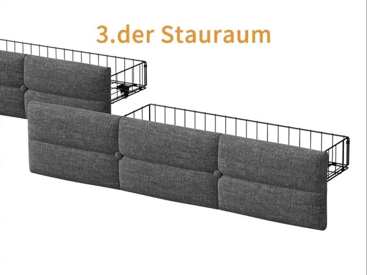 Polsterbett Grau mit LED USB & Schubladen 90x200cm