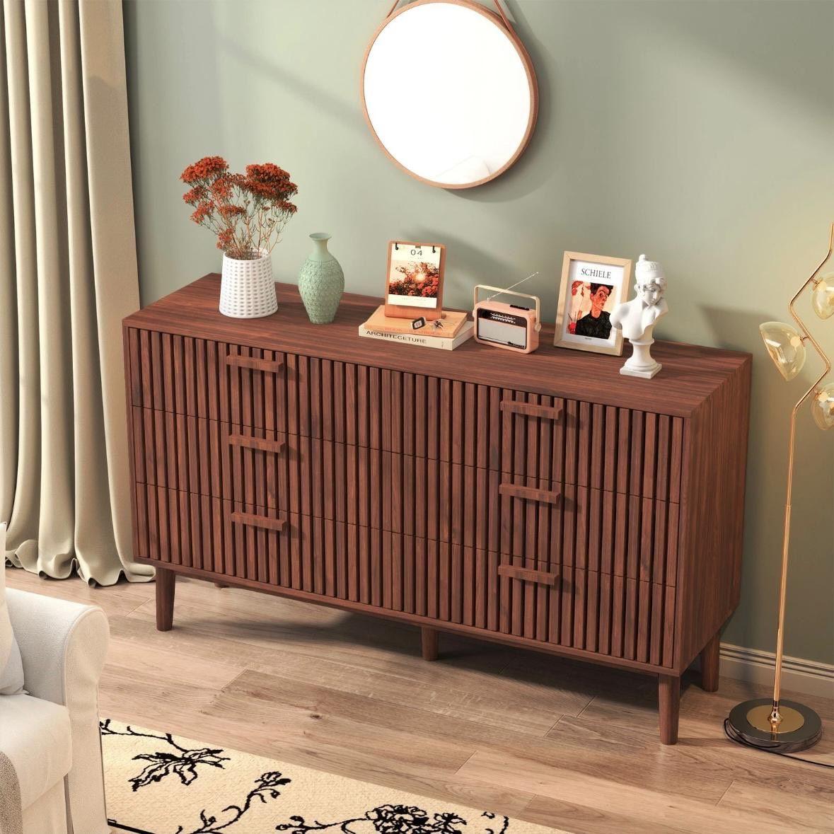Kommode 6 Schubladen Nussbaum-Optik Rattan-Elementen & Metallgriffen