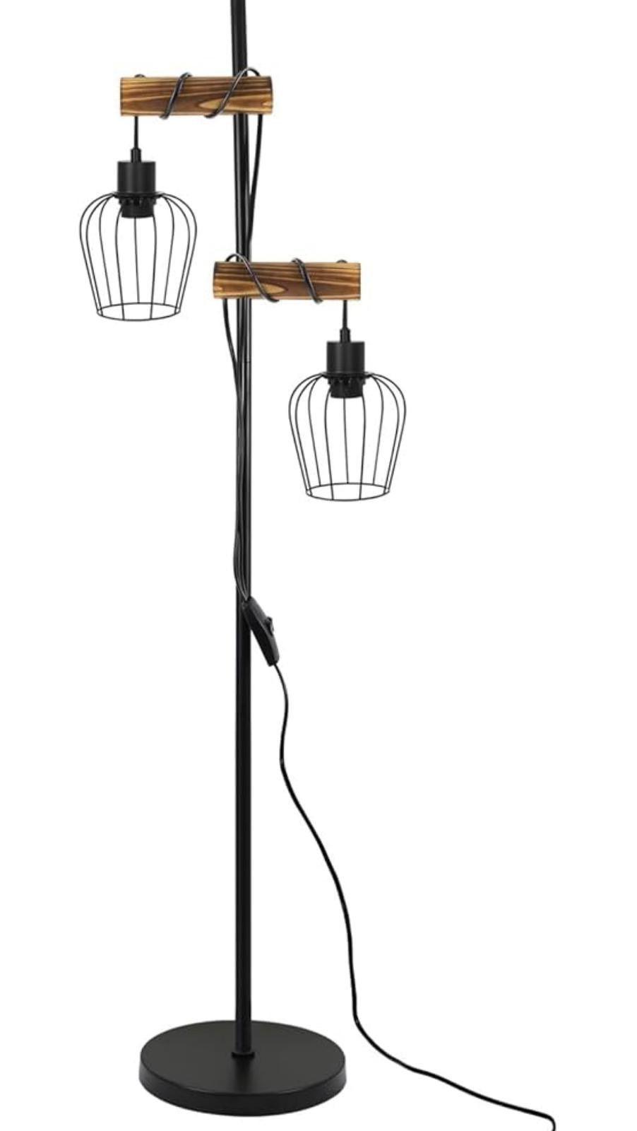 Stehlampe im Industrial- & Vintage-Stil mit Holz & Metallkäfig