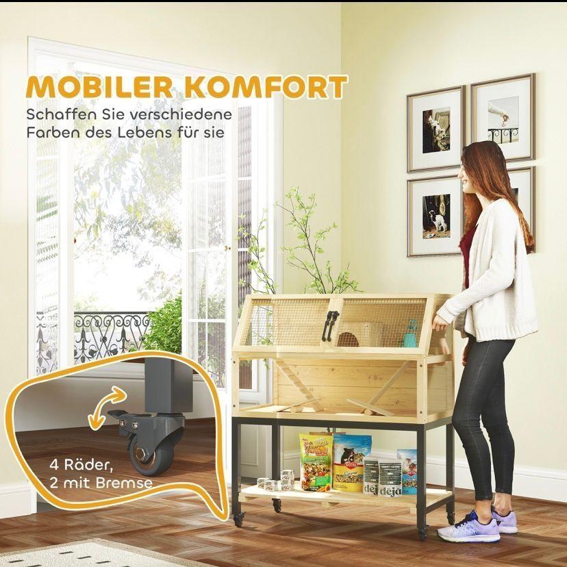 Hamsterkäfig Holz 2 Ebenen Kleintierkäfig mit Rollen Zubehör