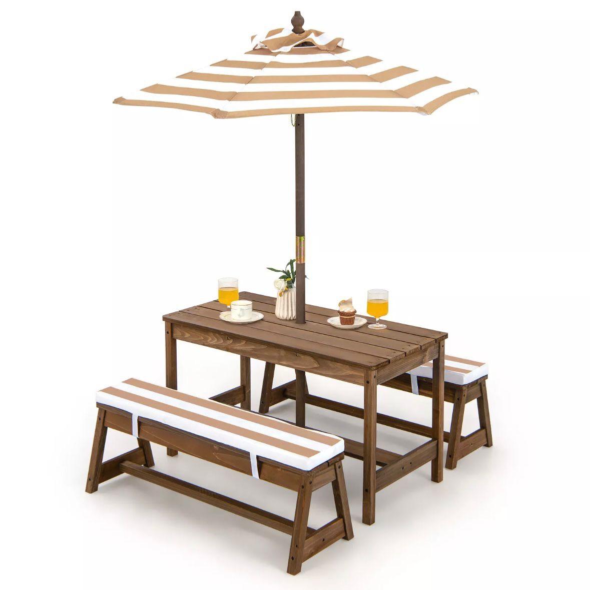 Kinder Picknicktisch Set aus Holz mit Sonnenschirm & Sitzkissen