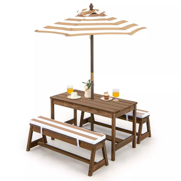Kinder Picknicktisch Set aus Holz mit Sonnenschirm & Sitzkissen