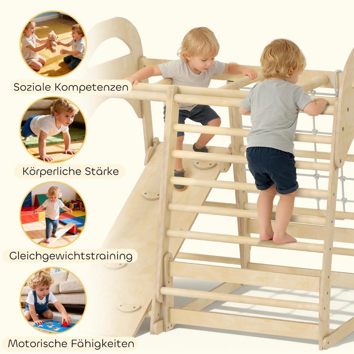 6in1 Montessori Klettergerüst Kinder Indoor mit Rutsche & Kletternetz Holz Spielgerät