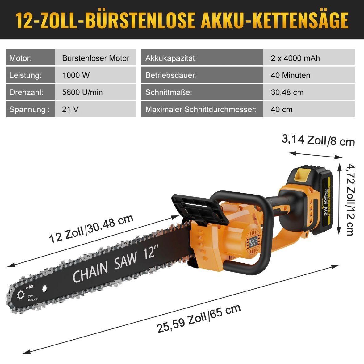 Akku-Kettensäge 12 Zoll 1000W Brushless mit 2 Akkus