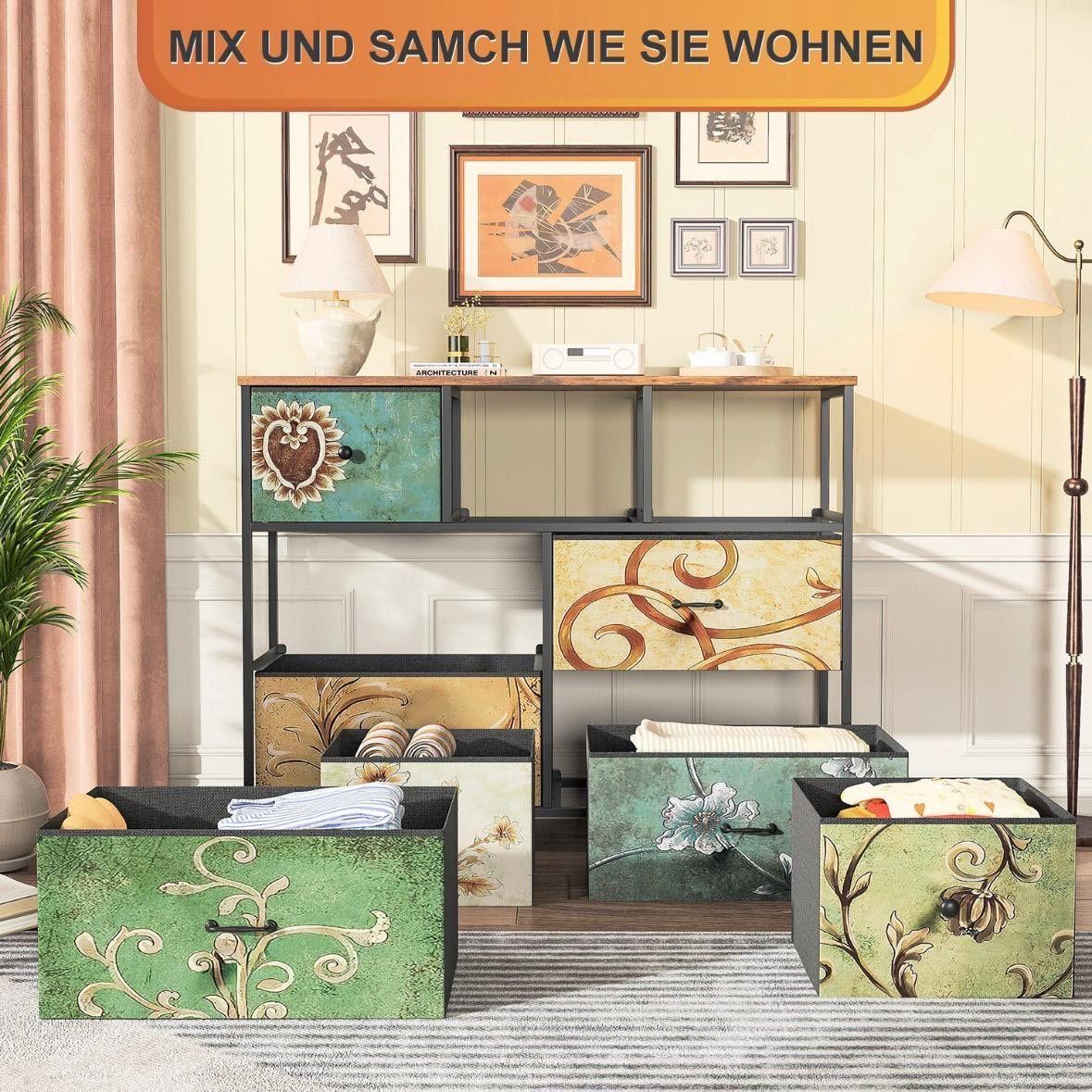 Kommode mit 7 Schubladen im Vintage-Design Stoffoptik & Metallrahmen