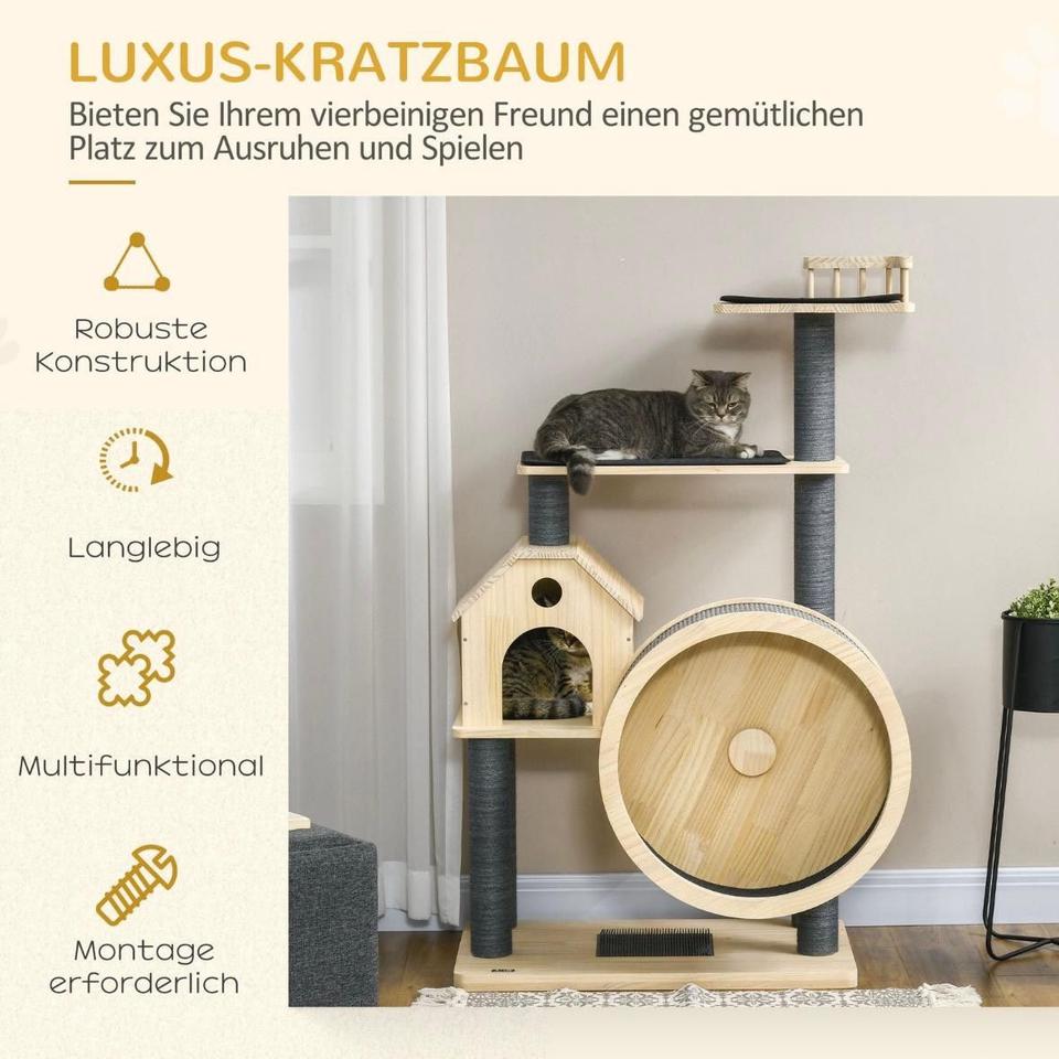 143cm Kratzbaum mit Laufrad Katzenbaum Holz