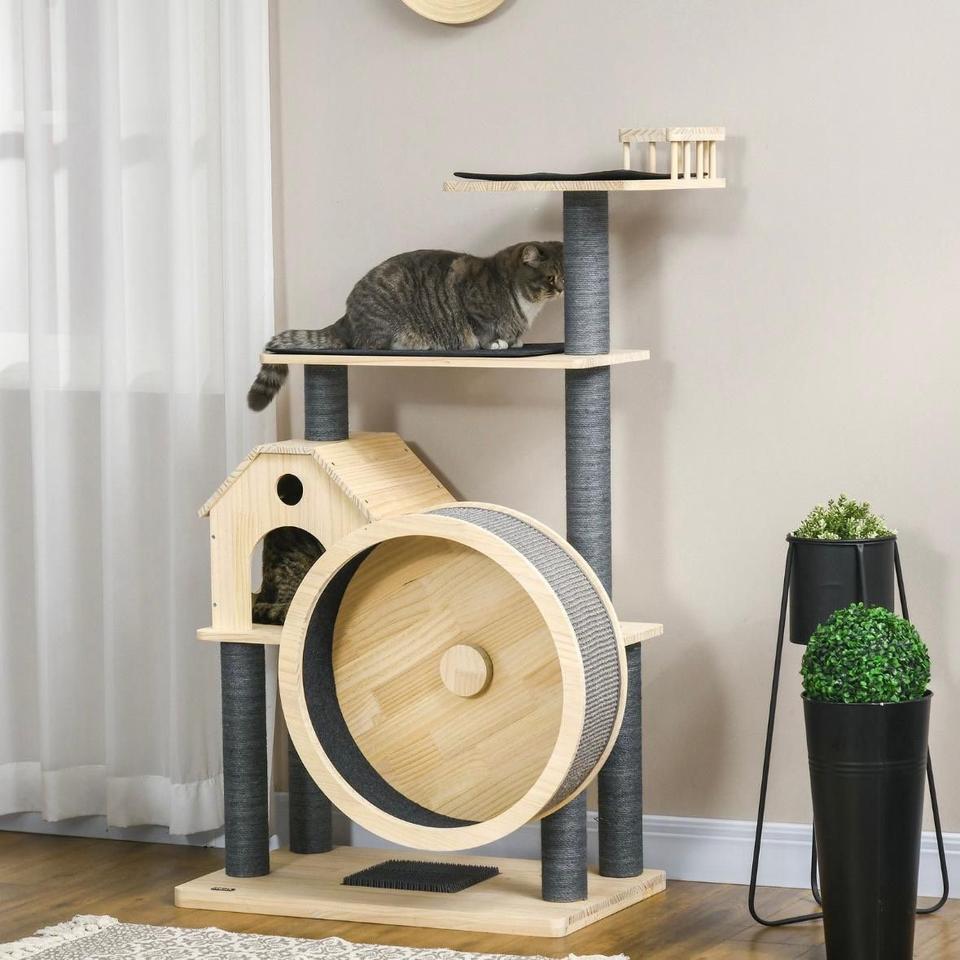 143cm Kratzbaum mit Laufrad Katzenbaum Holz