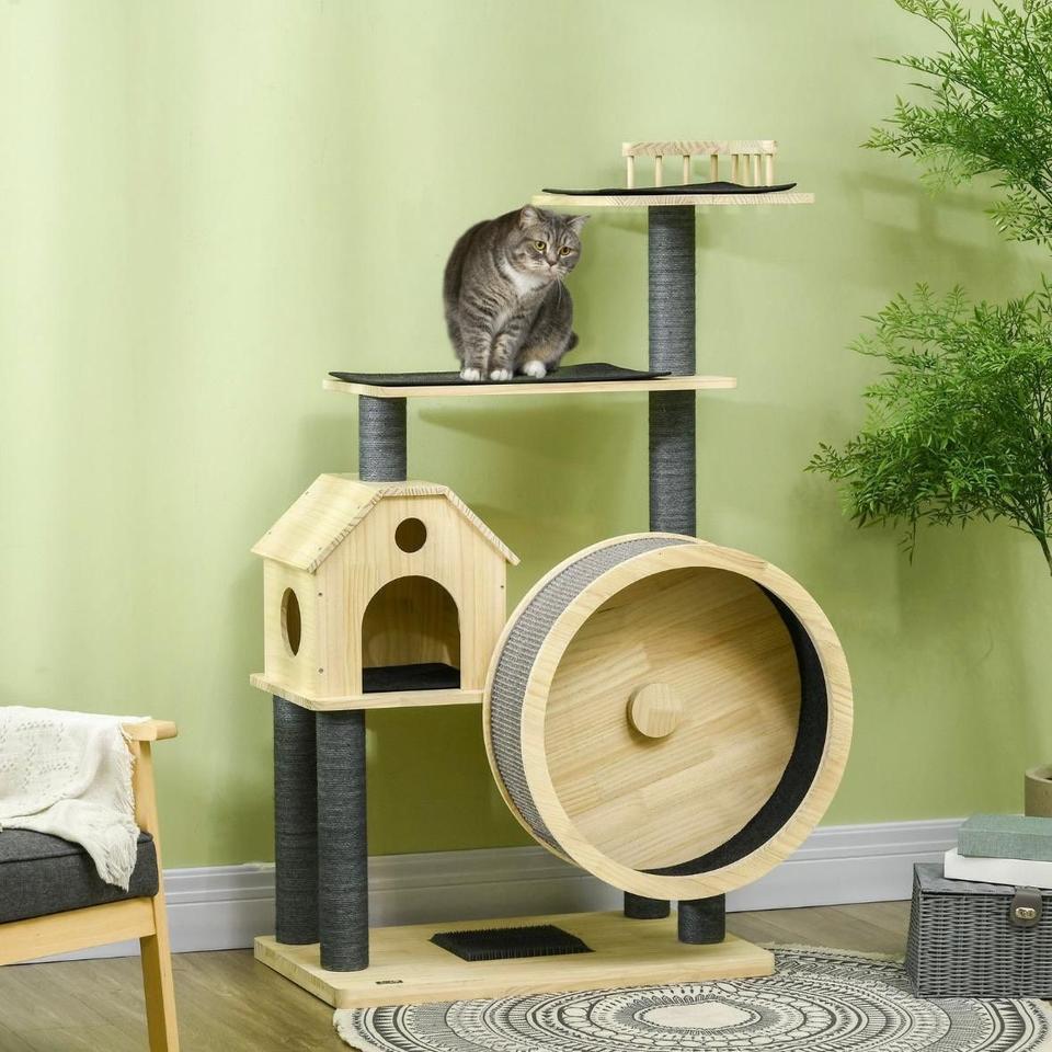 143cm Kratzbaum mit Laufrad Katzenbaum Holz