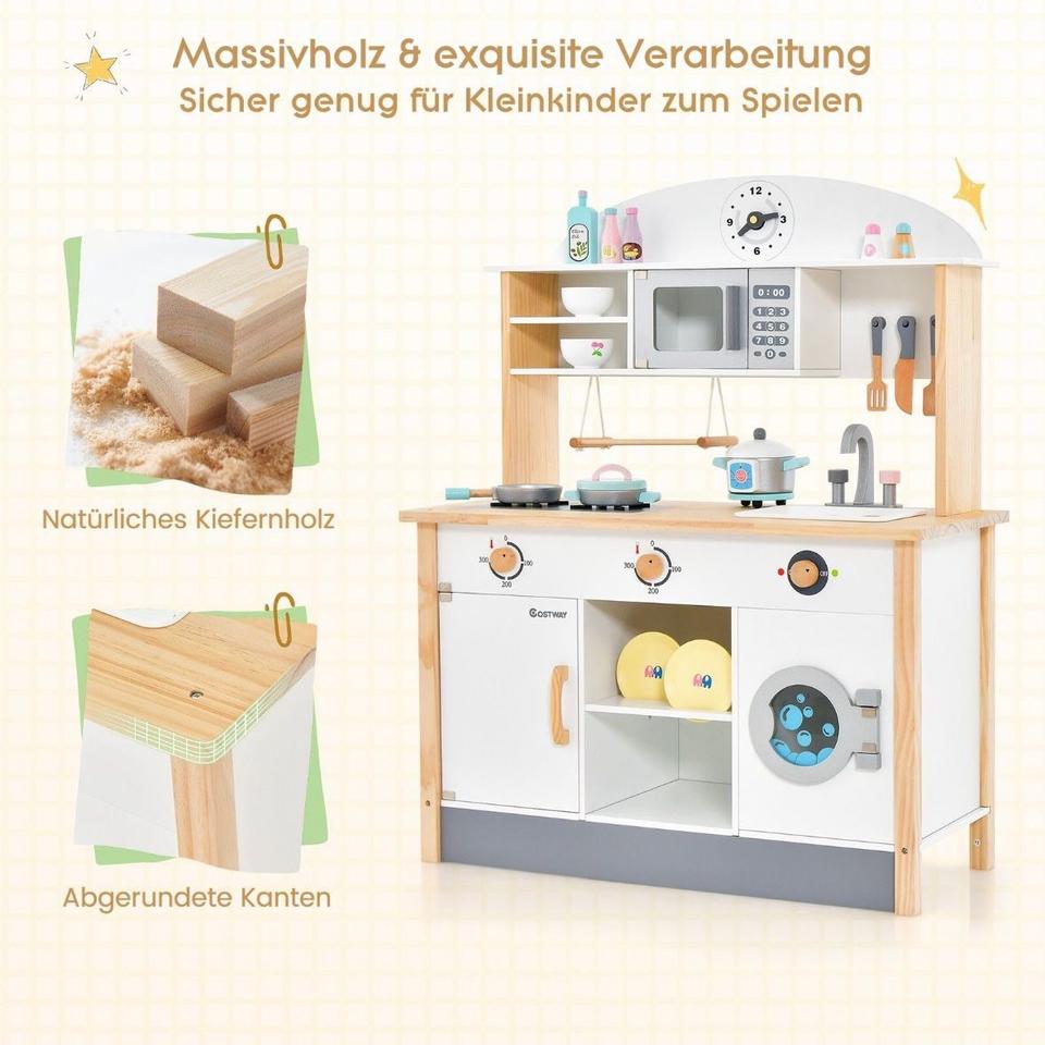 Kinderküche Spielküche aus Holz inkl. Mikrowelle + 17tlg Zubehör