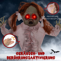 Halloween Horrorpuppe 76cm Deko Soundeffekte Bewegungssensor Leuchtaugen