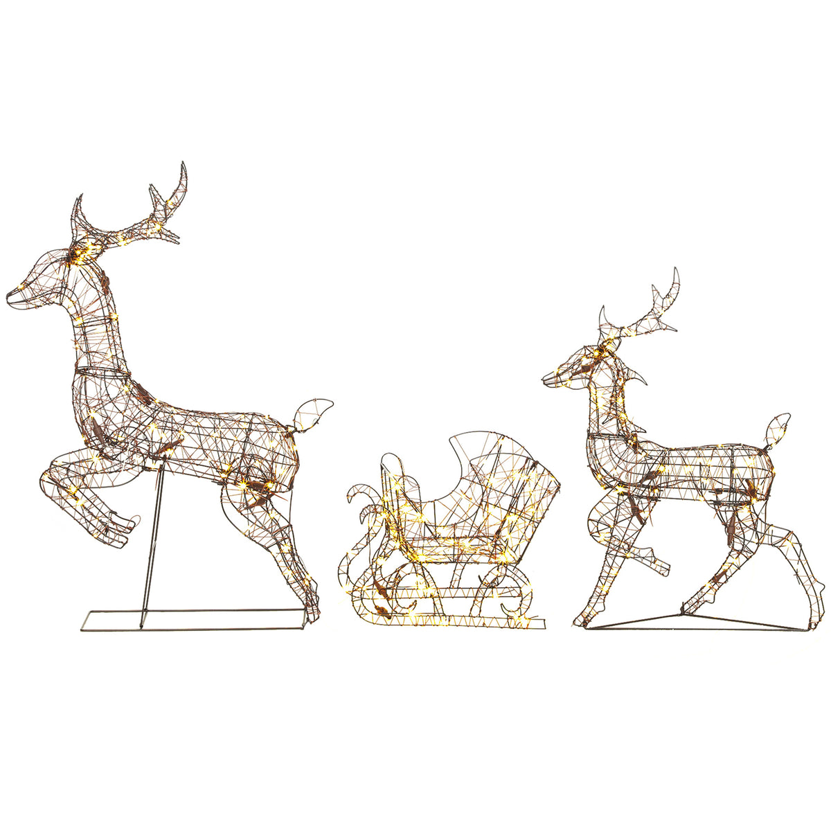 Rentier Schlitten Set beleuchtet Polyrattan LED Weihnachtsdeko Timer