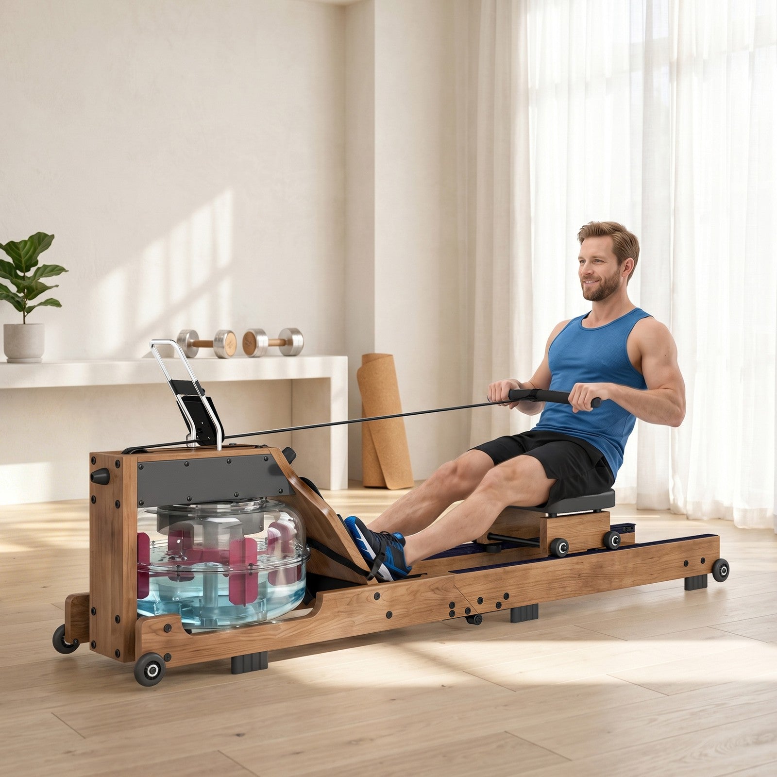 Wasser Rudergerät Klappbar Gummiholz LCD Bluetooth Heimtrainer Fitnessgerät