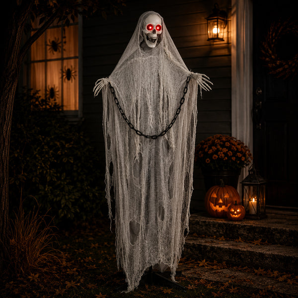 Sensenmann Halloween Deko 183cm Gruselfigur LED Augen Animatronic