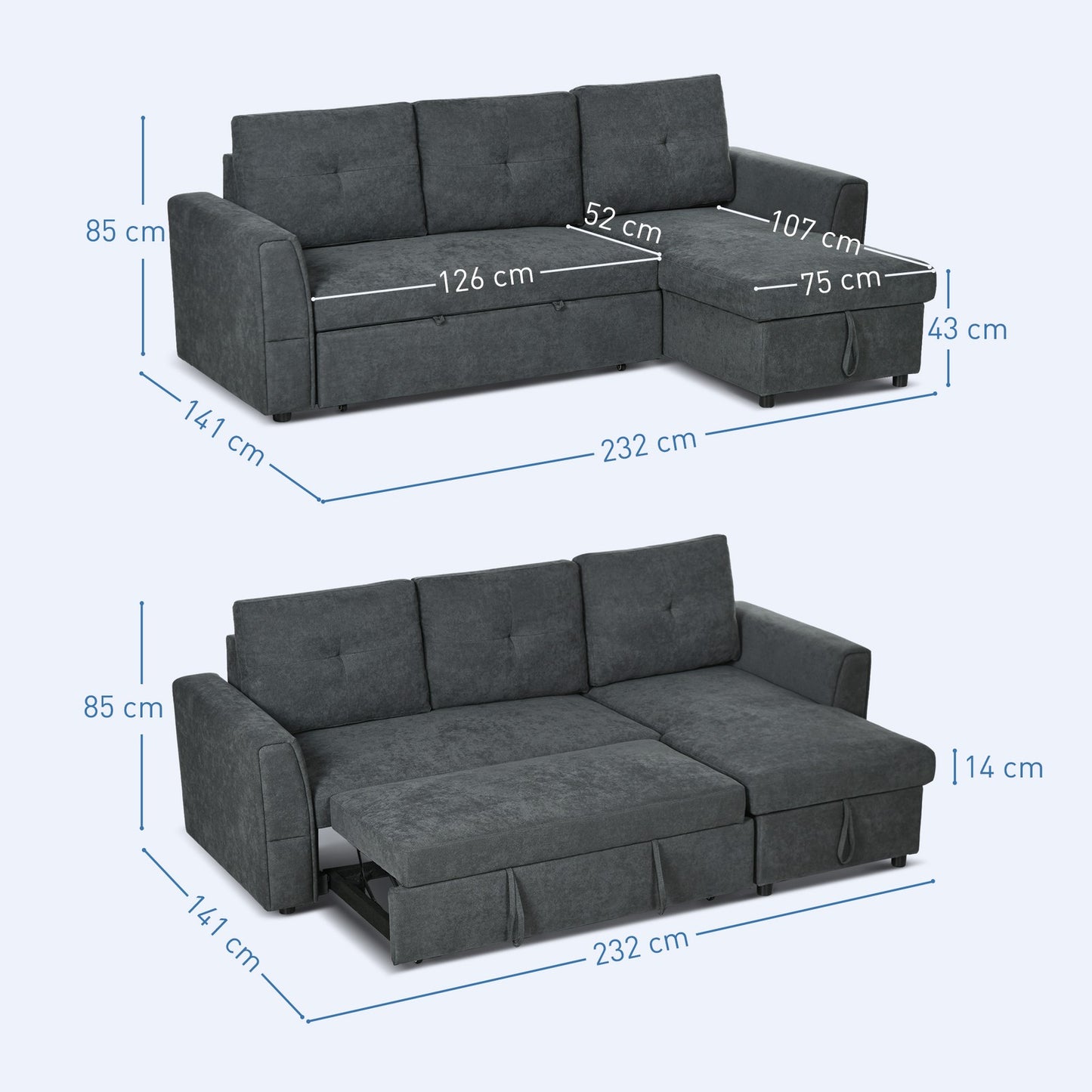 Schlafsofa Ecksofa Bettfunktion 3-Sitzer Couch Chaiselongue