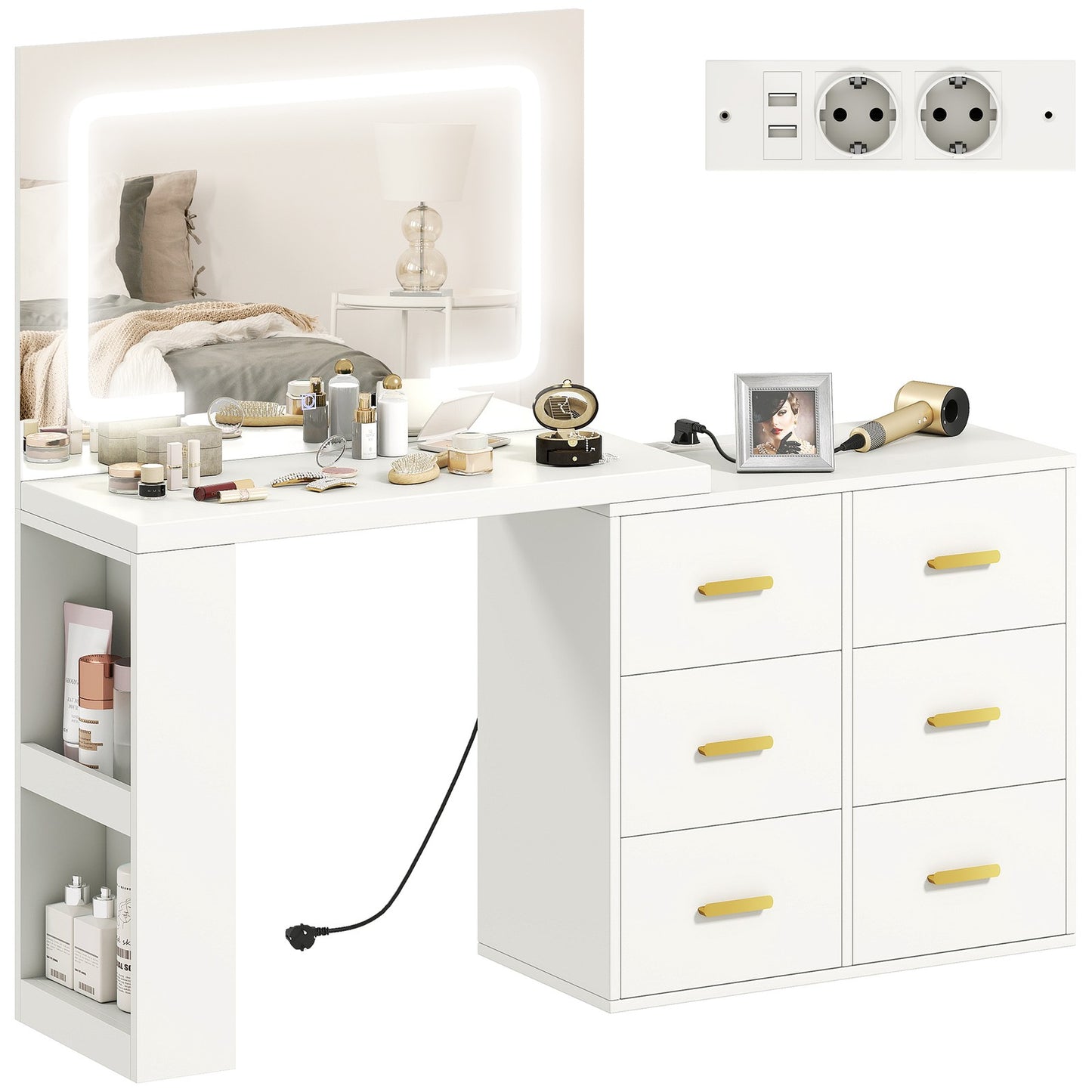 Schminktisch LED-Beleuchtung Spiegel Steckdose USB 118x78x135cm