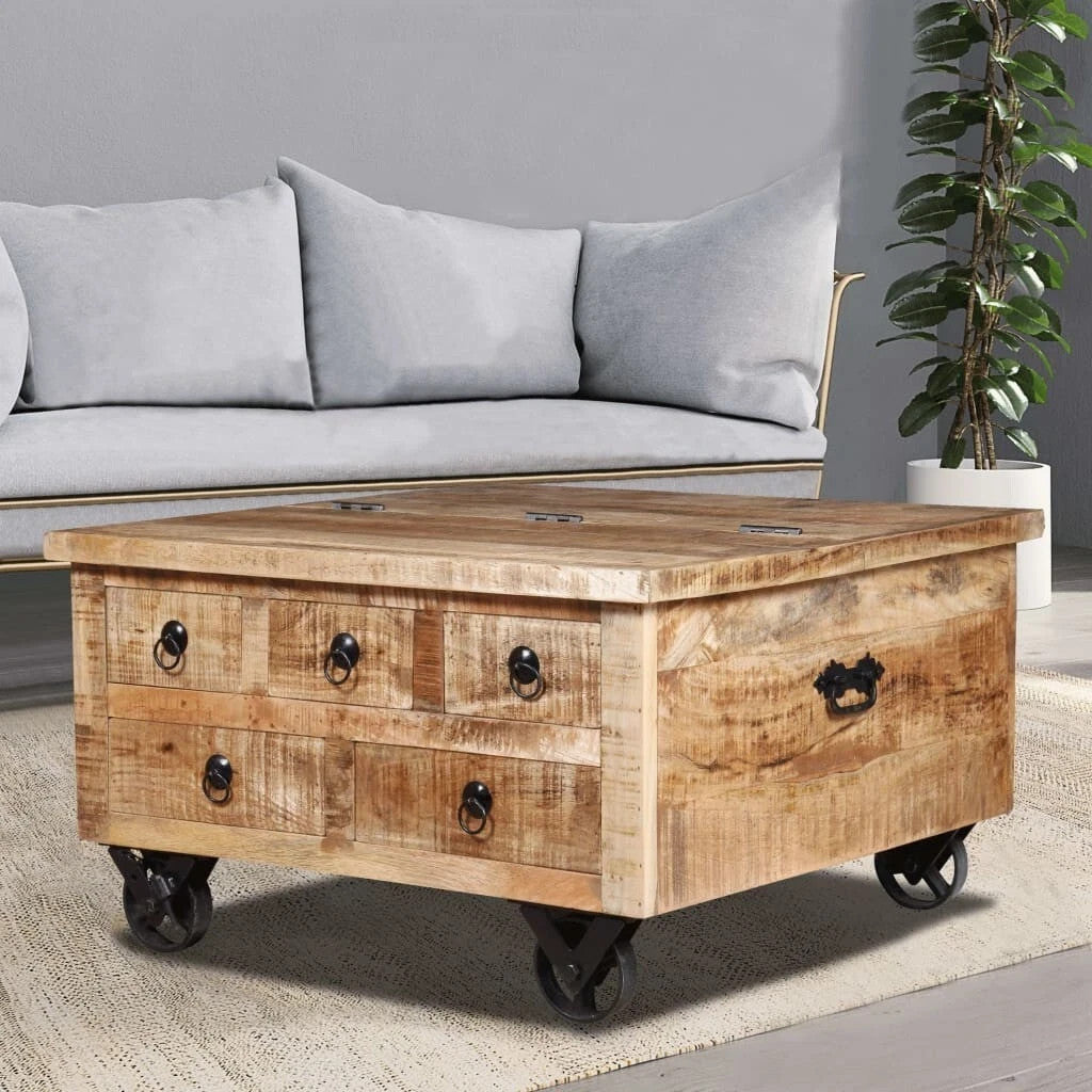 Antik Couchtisch Mangoholz 70x70x40cm Beistelltisch Bewegbar
