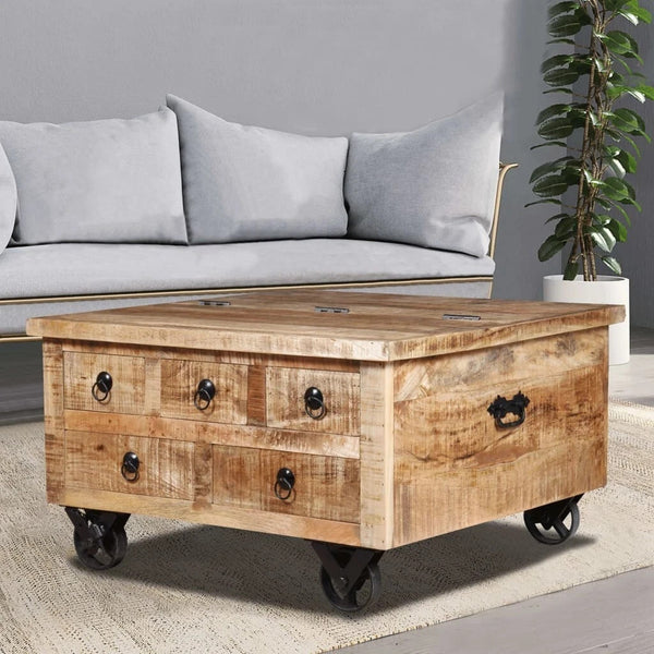 Antik Couchtisch Mangoholz 70x70x40cm Beistelltisch Bewegbar