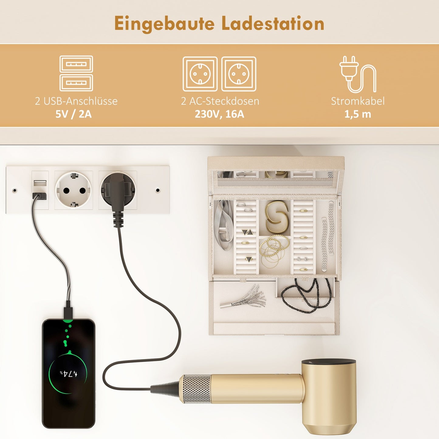 Schminktisch LED-Beleuchtung Spiegel Steckdose USB 118x78x135cm