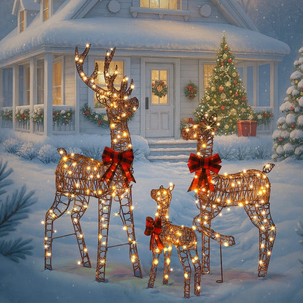 3tlg LED Rattan Rentier Familie Weihnachtsdeko Dekoration