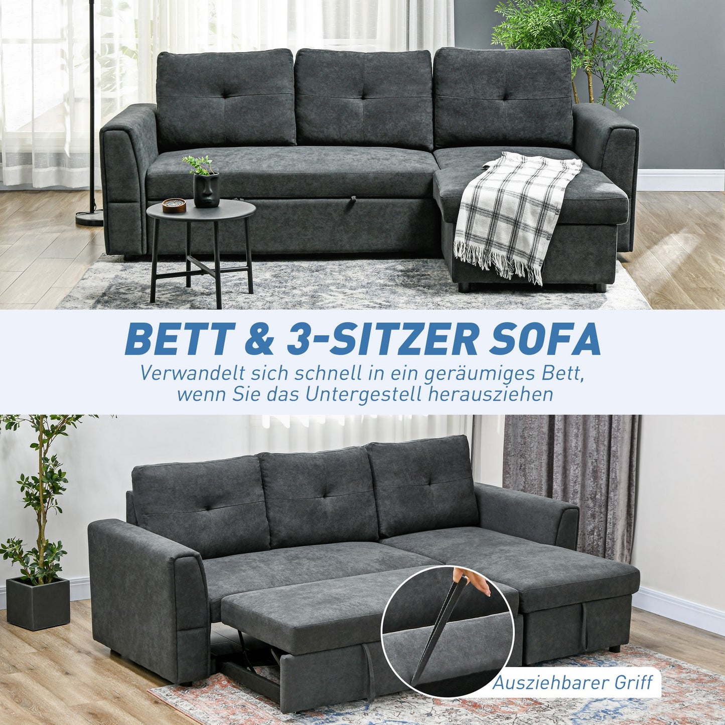 Schlafsofa Ecksofa Bettfunktion 3-Sitzer Couch Chaiselongue