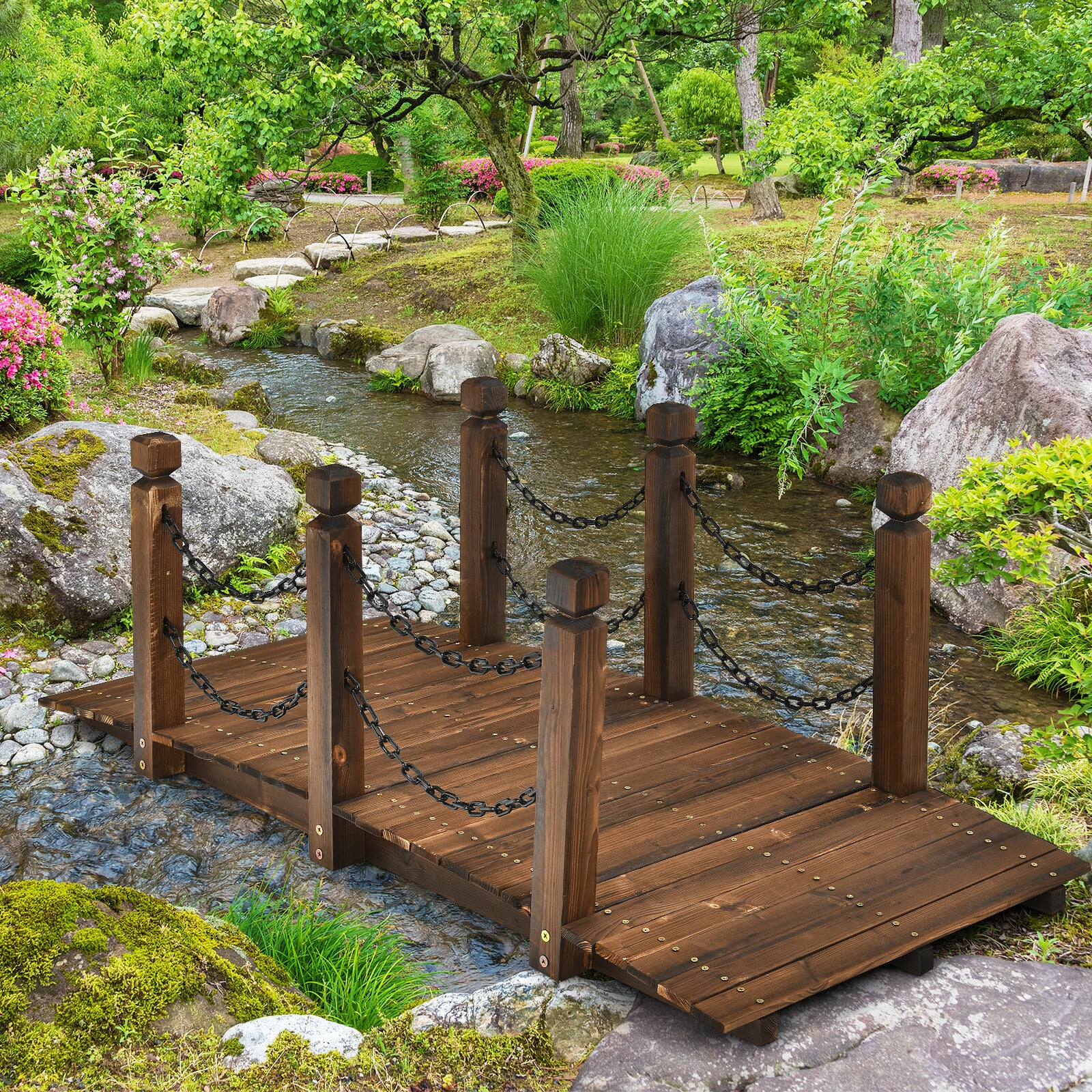 Holzbrücke Teichbrücke Gartenbrücke Geländer 150x67x55cm Wetterfest