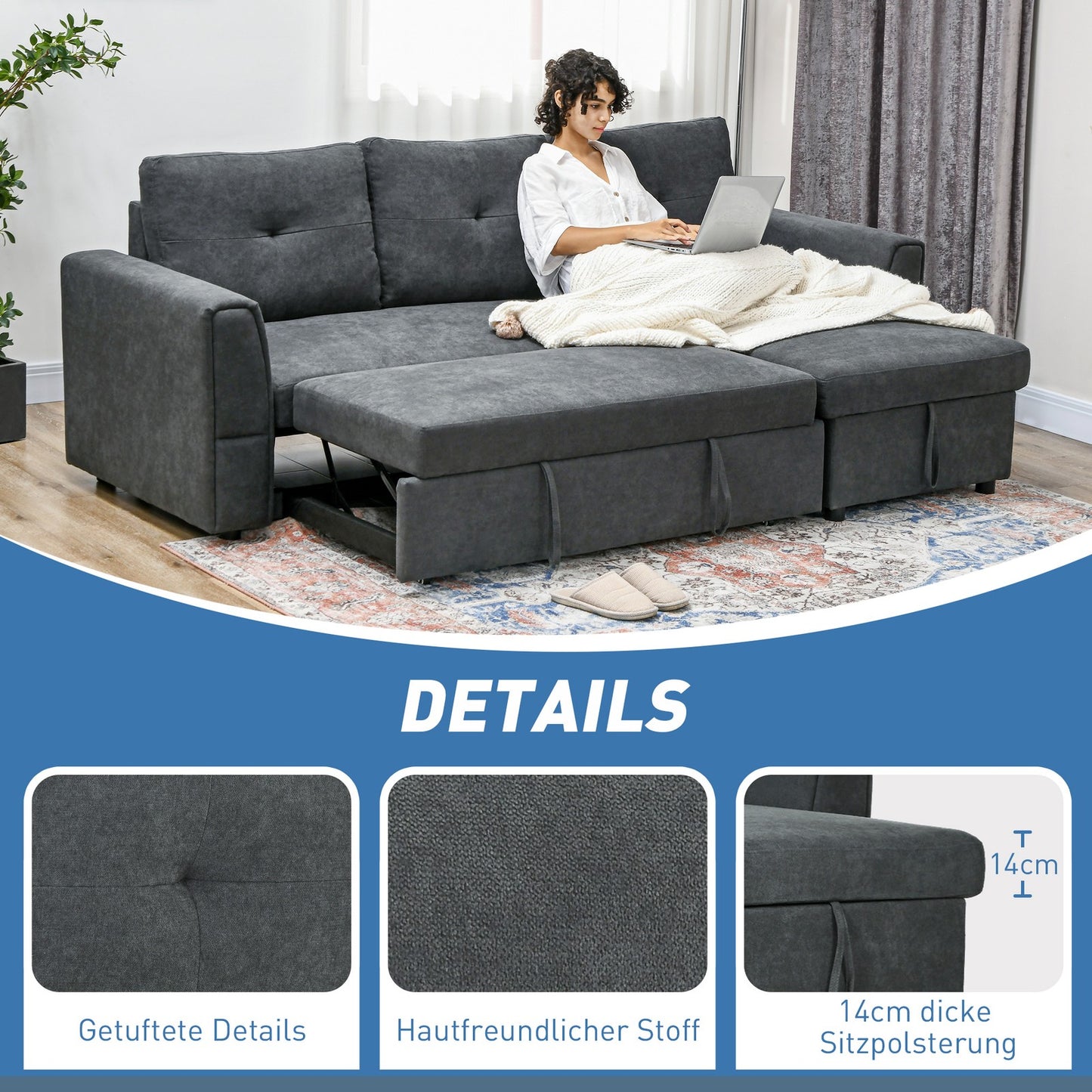 Schlafsofa Ecksofa Bettfunktion 3-Sitzer Couch Chaiselongue