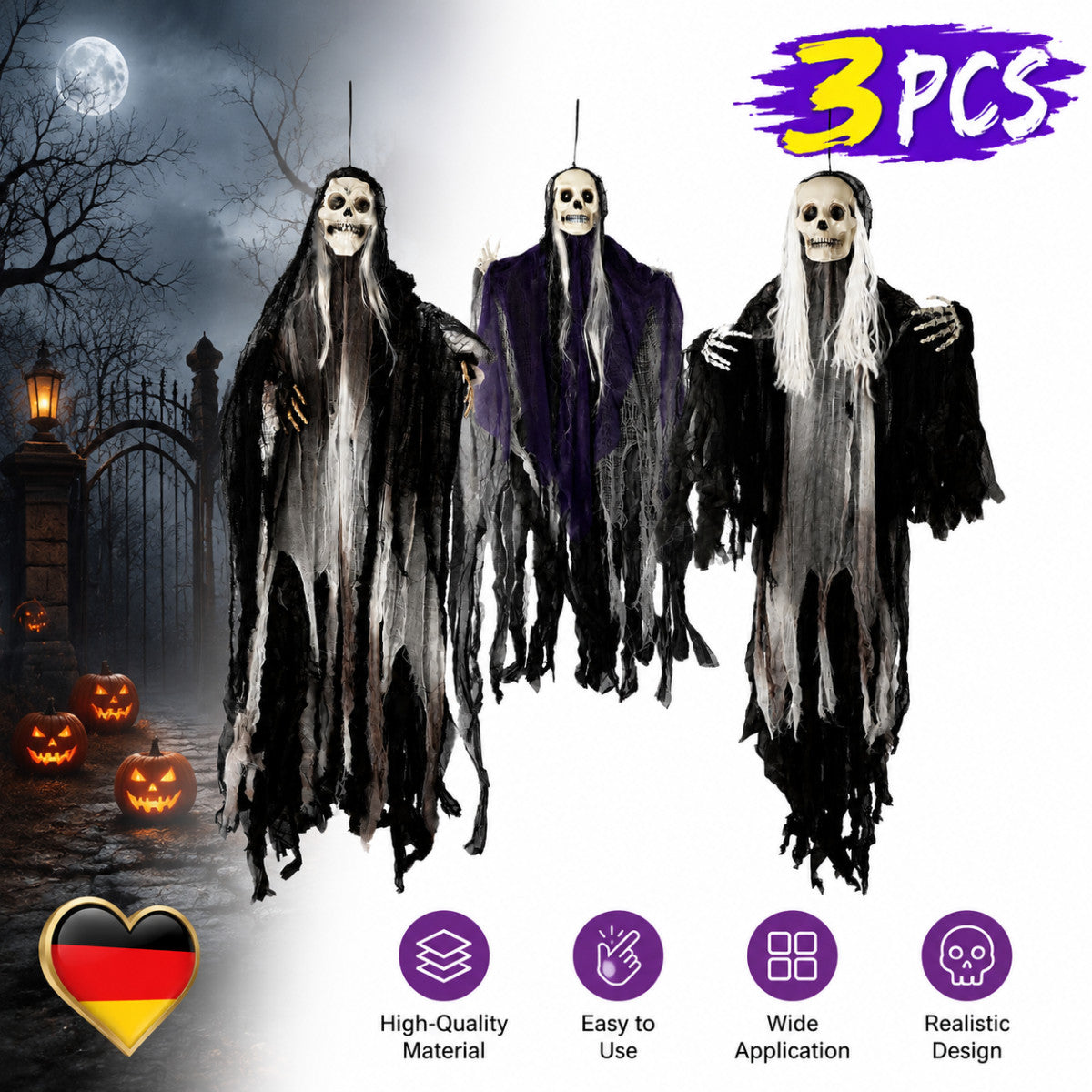 Halloween Skelett Geist 3er Set Geister Deko Gruselig Dekoration