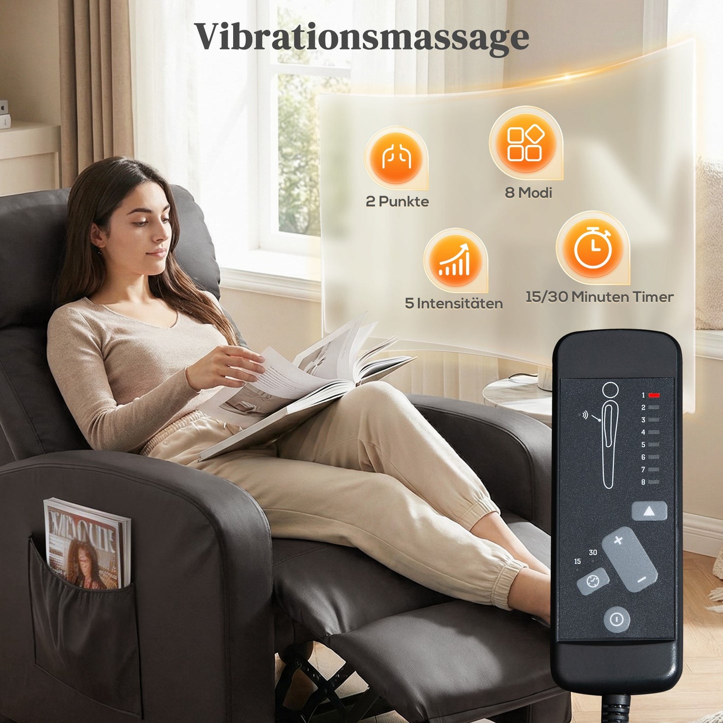 Fernsehsessel Liegefunktion Massagefunktion Relaxsessel Braun Kunstleder