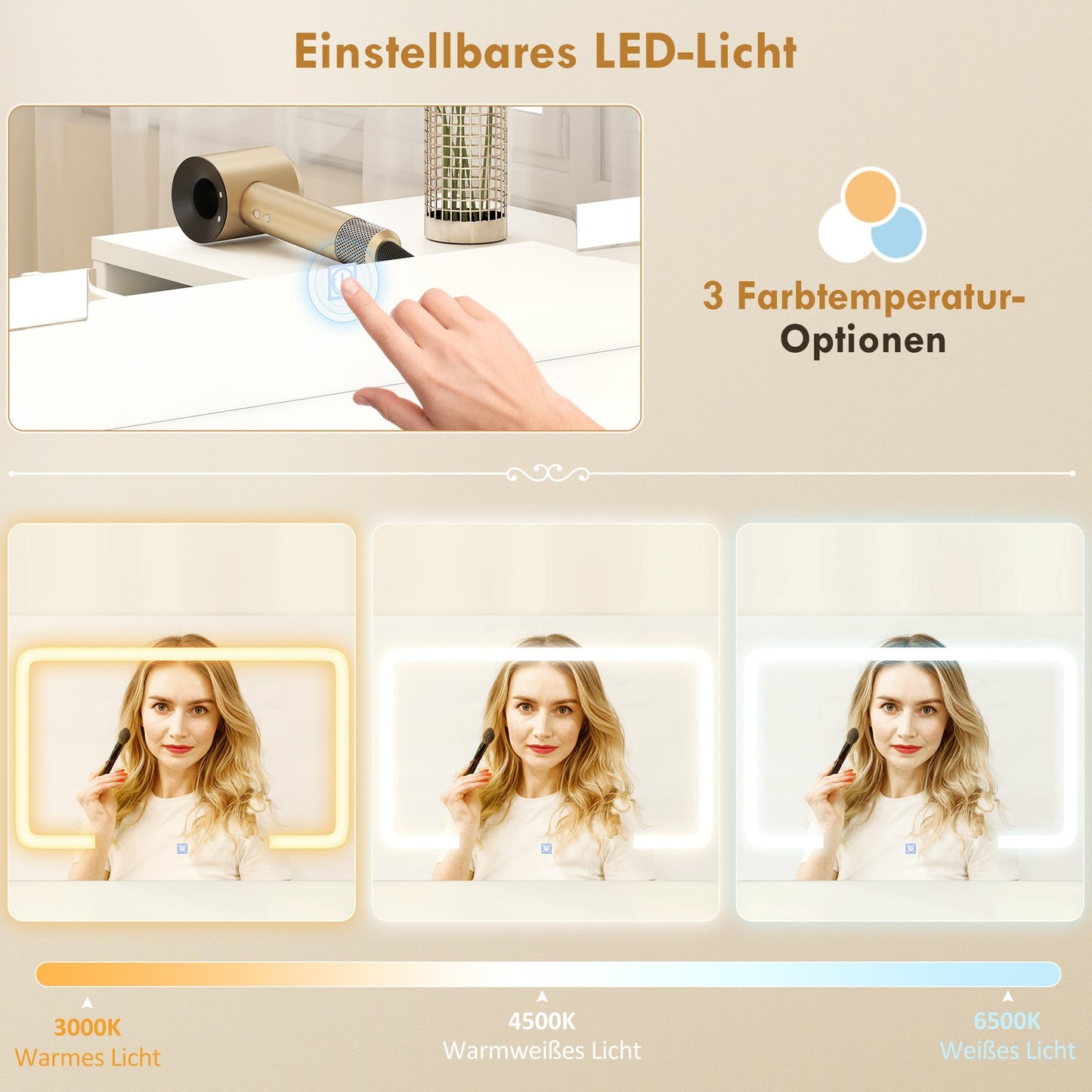 Schminktisch LED-Beleuchtung Spiegel Steckdose USB 118x78x135cm