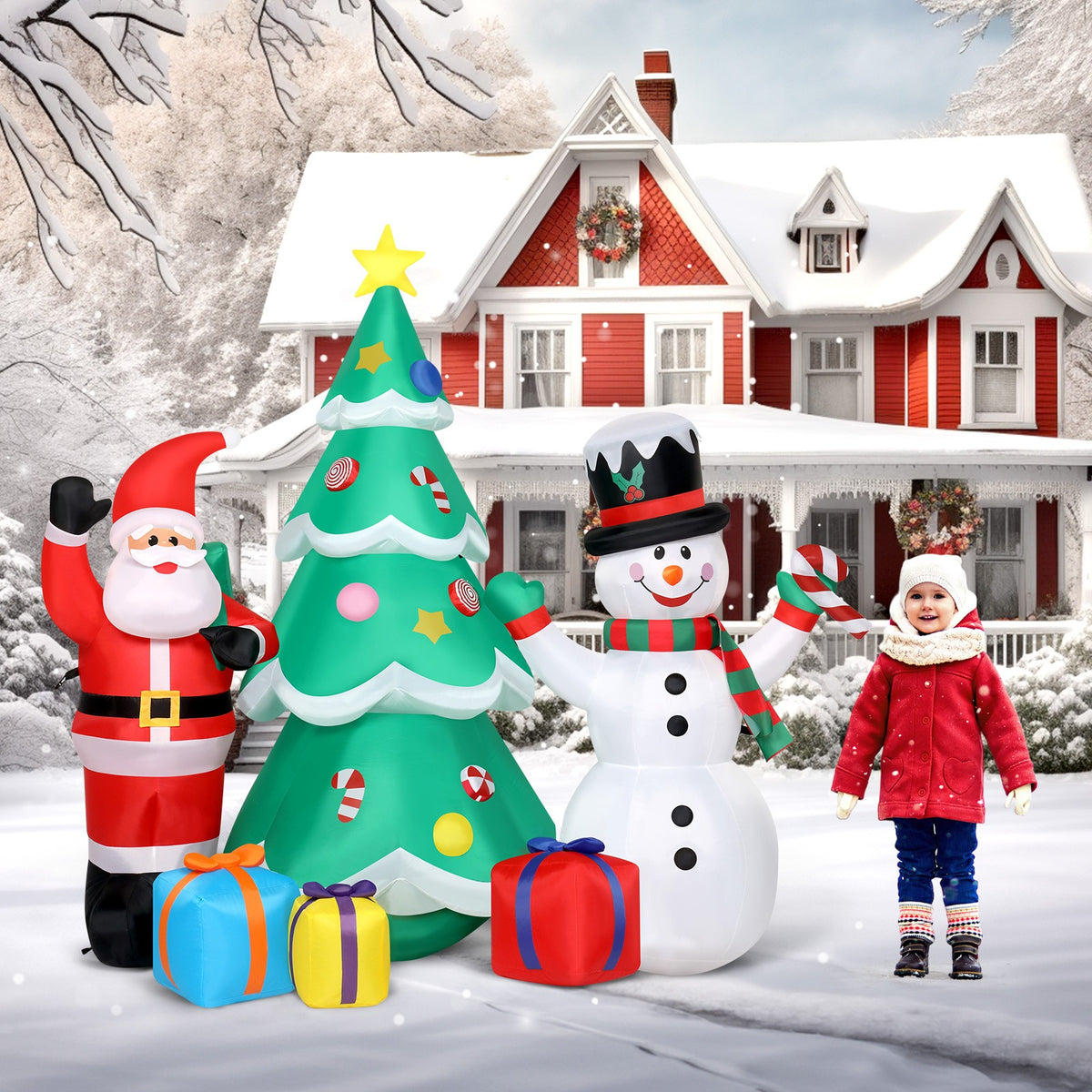 Aufblasbarer Weihnachtsbaum 190cm Weihnachtsmann Schneemann LED Deko