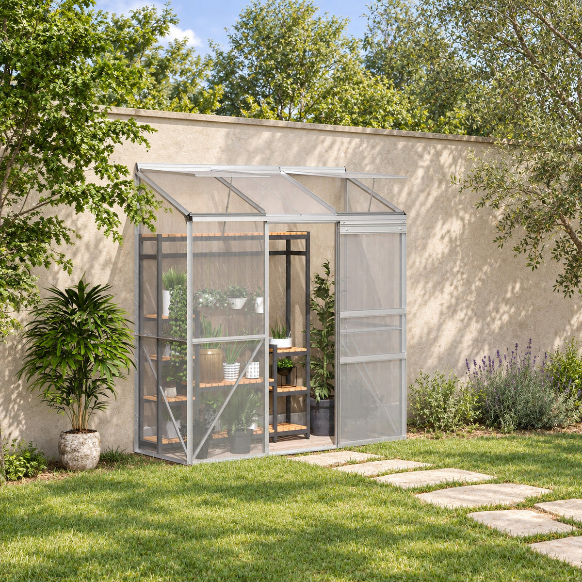 Anlehngewächshaus 192x68x196cm Polycarbonat Alu Schiebetür Dachfenster