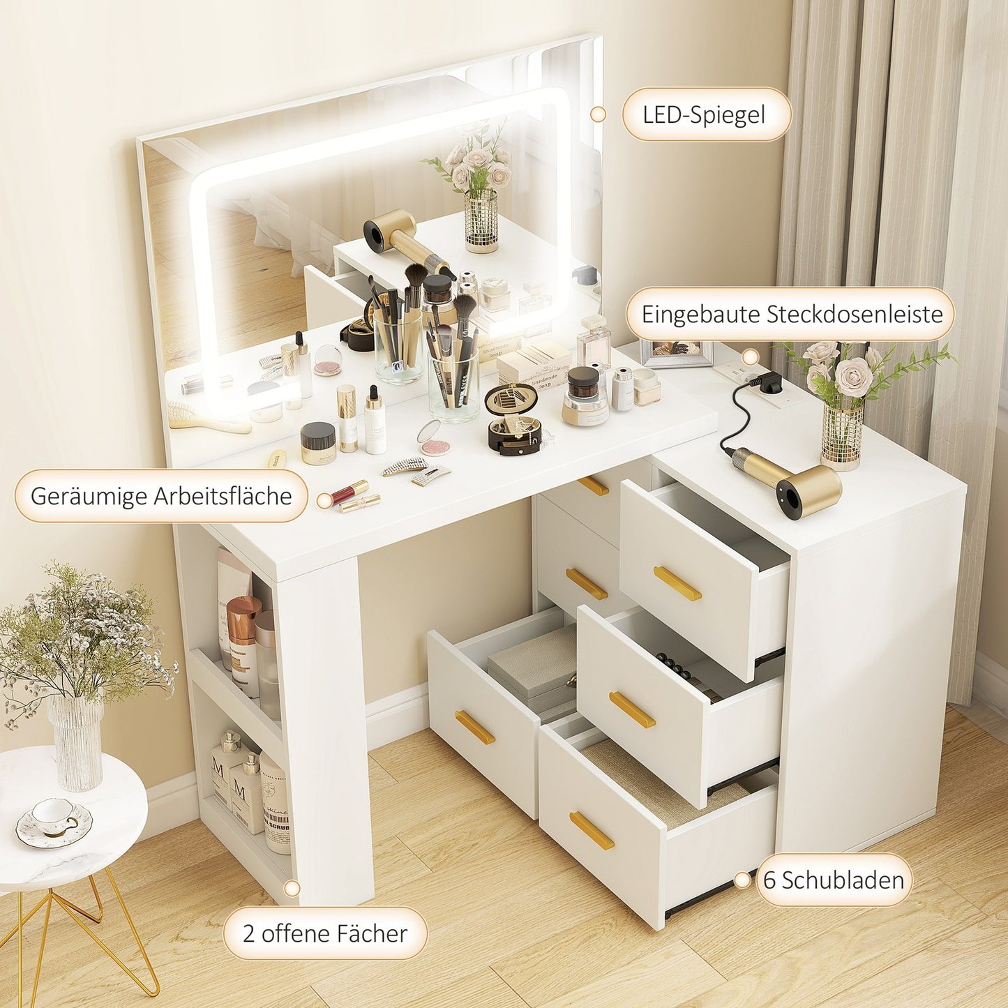 Schminktisch LED-Beleuchtung Spiegel Steckdose USB 118x78x135cm