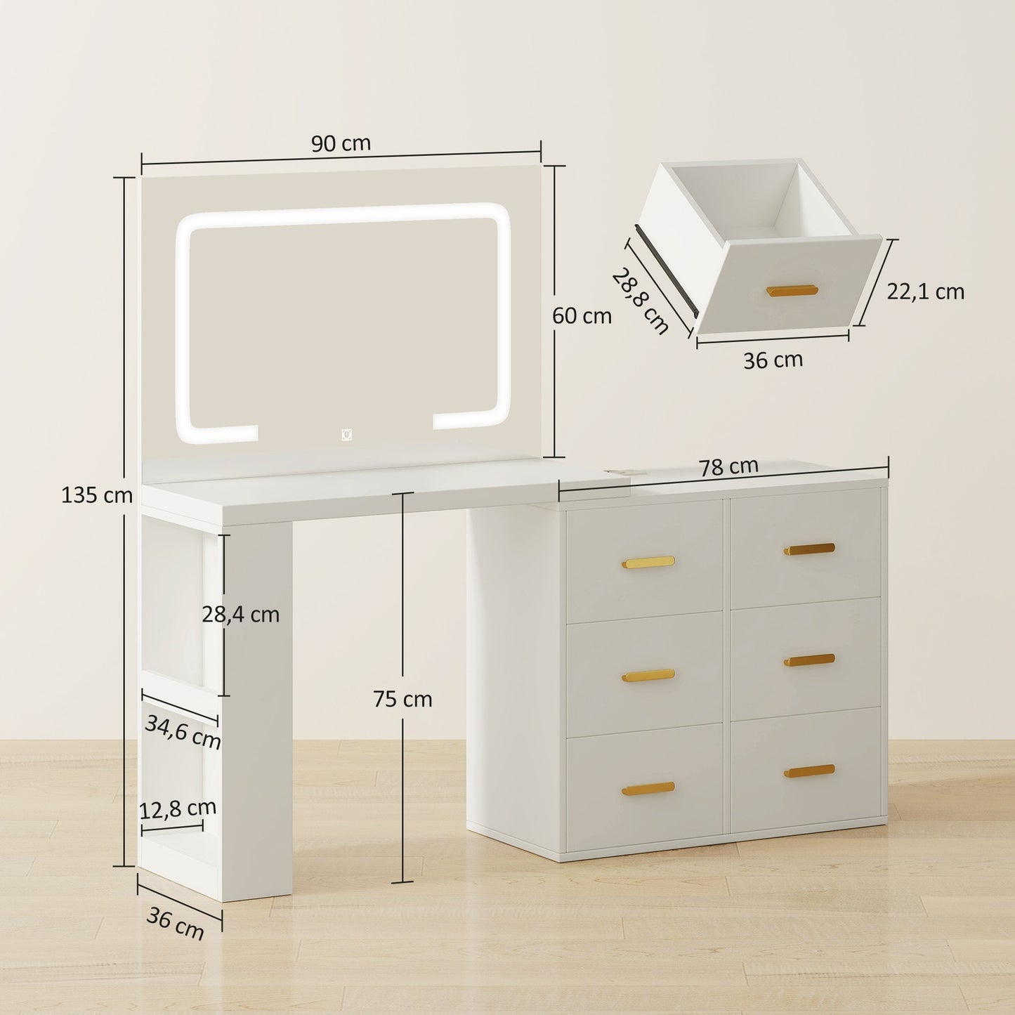Schminktisch LED-Beleuchtung Spiegel Steckdose USB 118x78x135cm